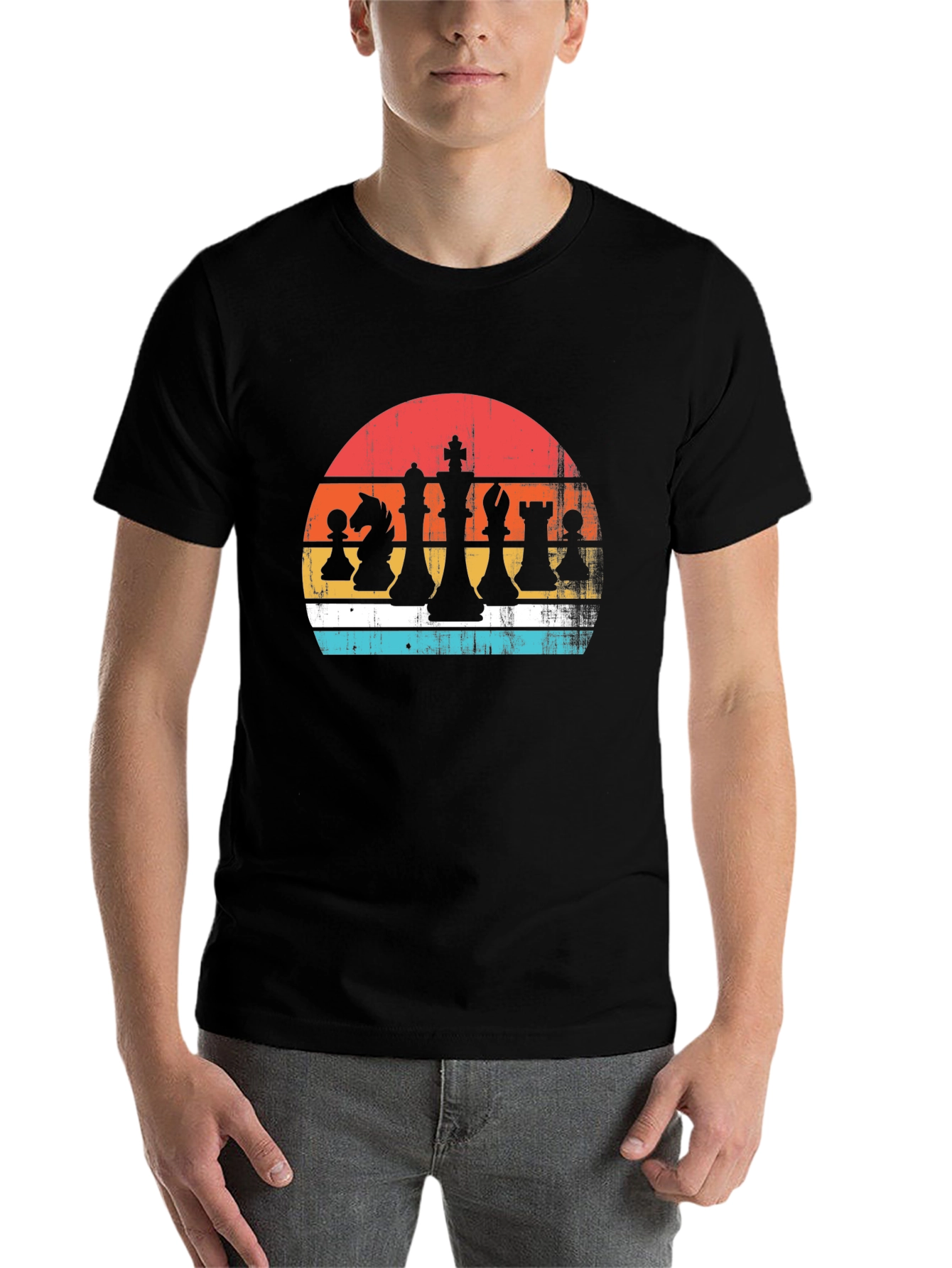 Black Retro Chess Piece Sunset Graphic Tee - Classic Board Game Style view 7