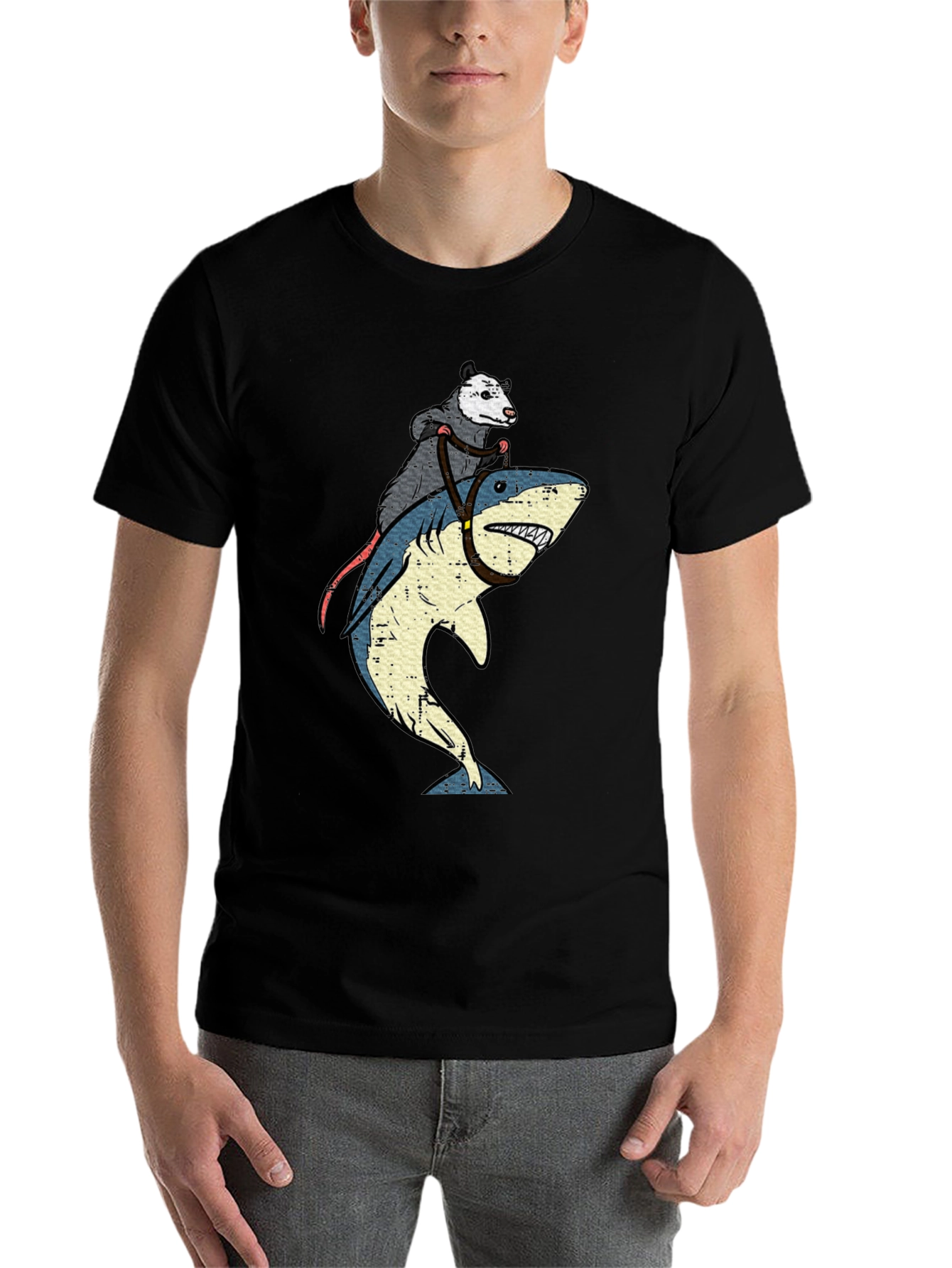 Black Opossum Riding Shark Graphic T-Shirt view 7