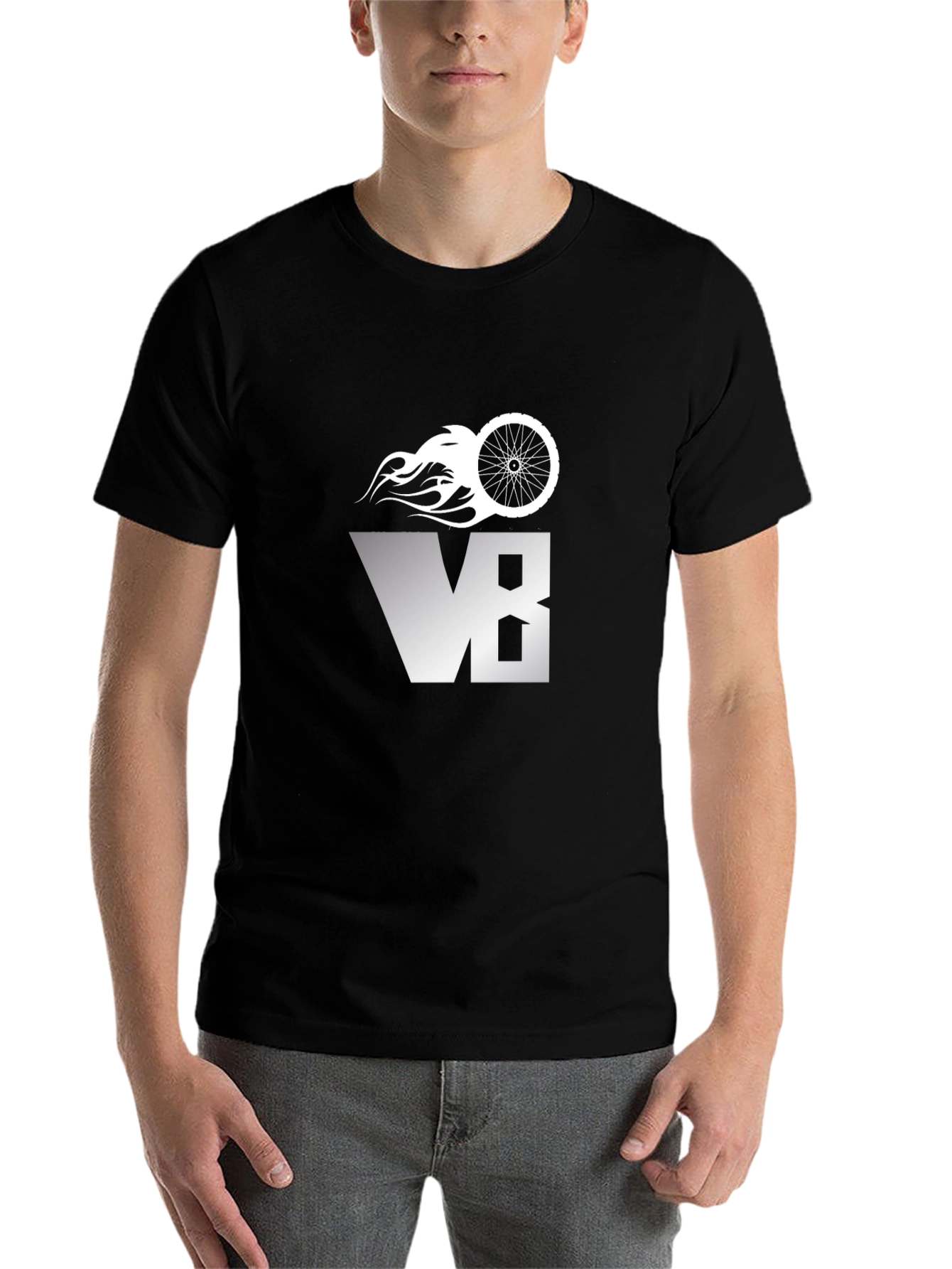 Black Men's Black V8 Bike Wheel Graphic T-Shirt view 7