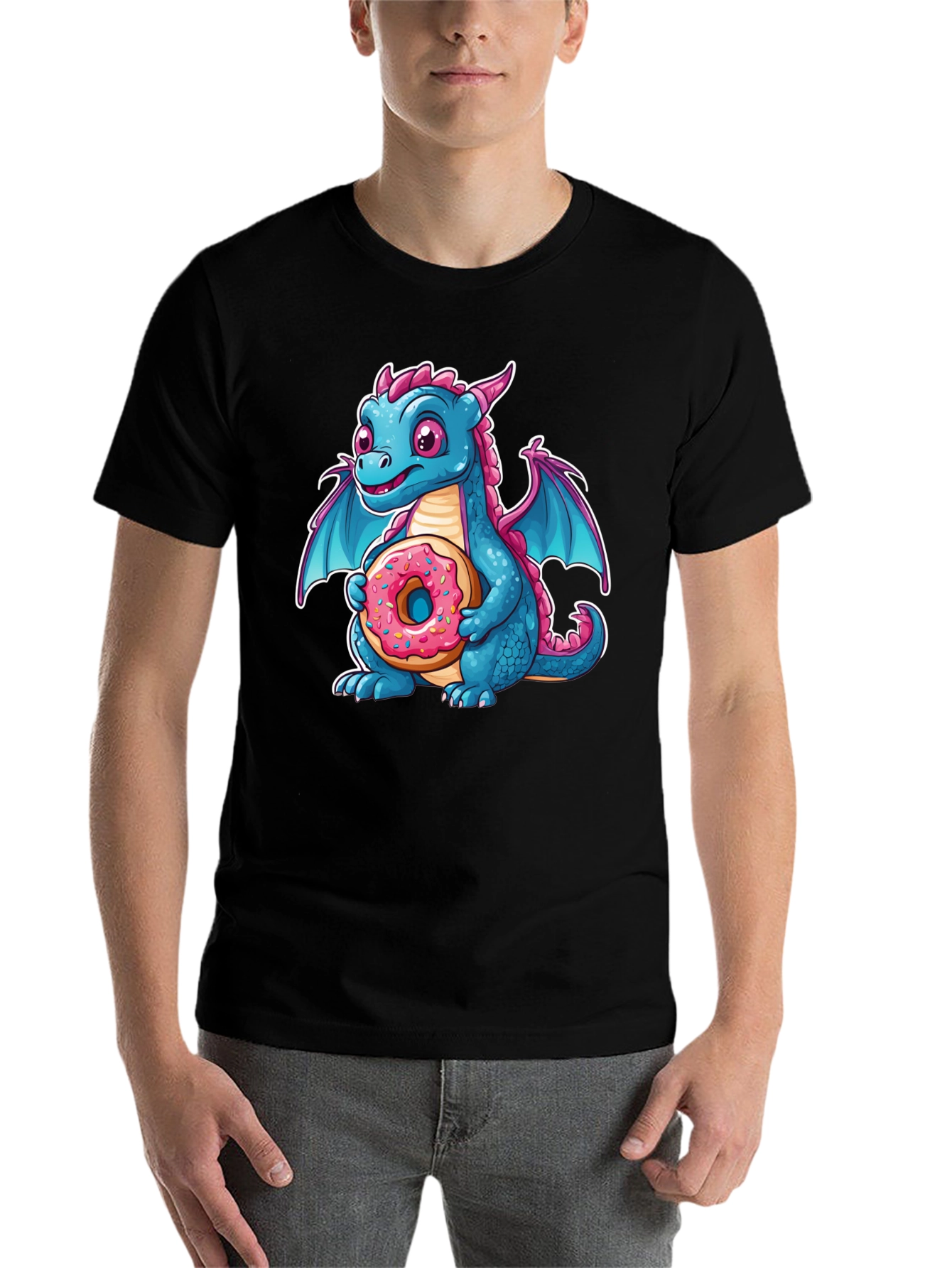 Black Cute Dragon Donut T-Shirt - Cartoon Graphic Tee view 7