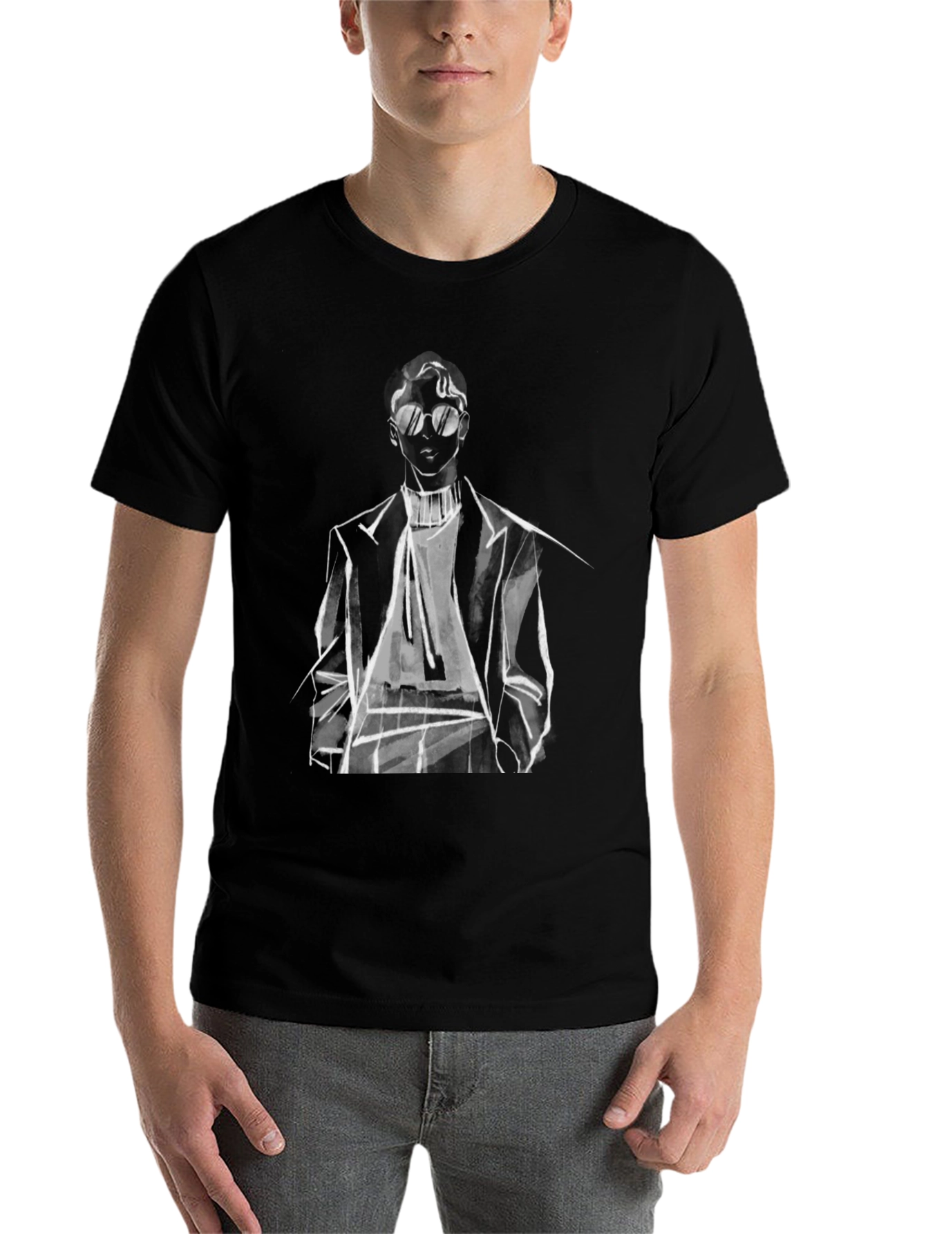 Black Stylish Man Sketch Tee - Black Graphic T-Shirt view 7