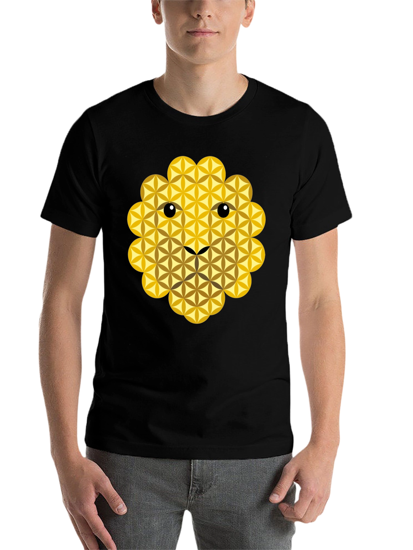 Black Geometric Flower of Life Lion Face Black T-Shirt view 7