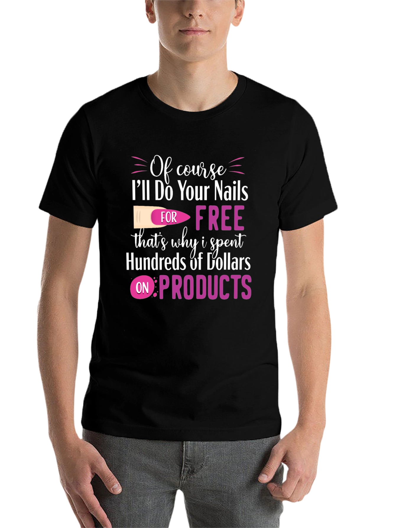 Black Funny Nail Technician T-Shirt - Free Nails view 7