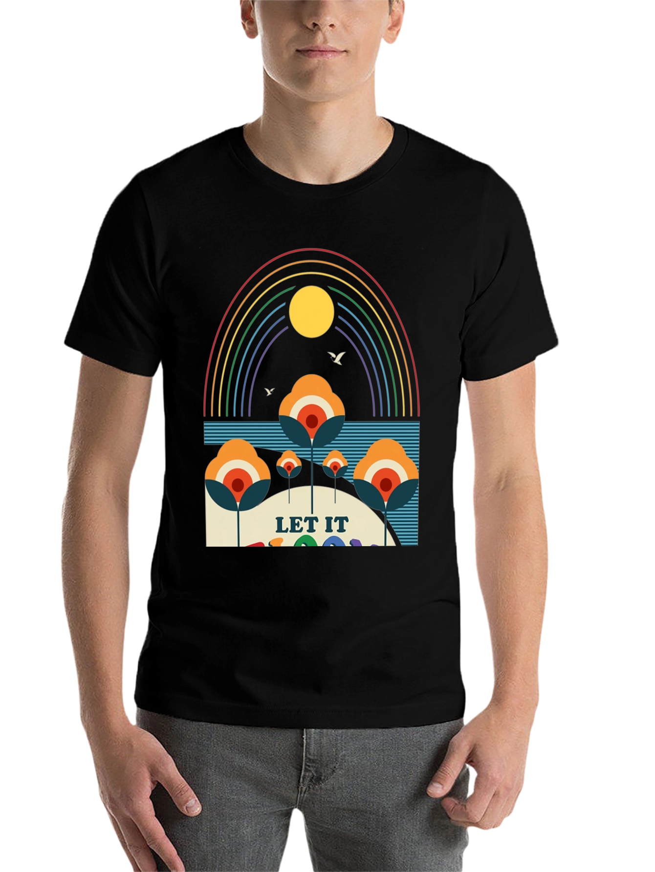 Black Retro "Let It Be" Rainbow Graphic Tee view 7