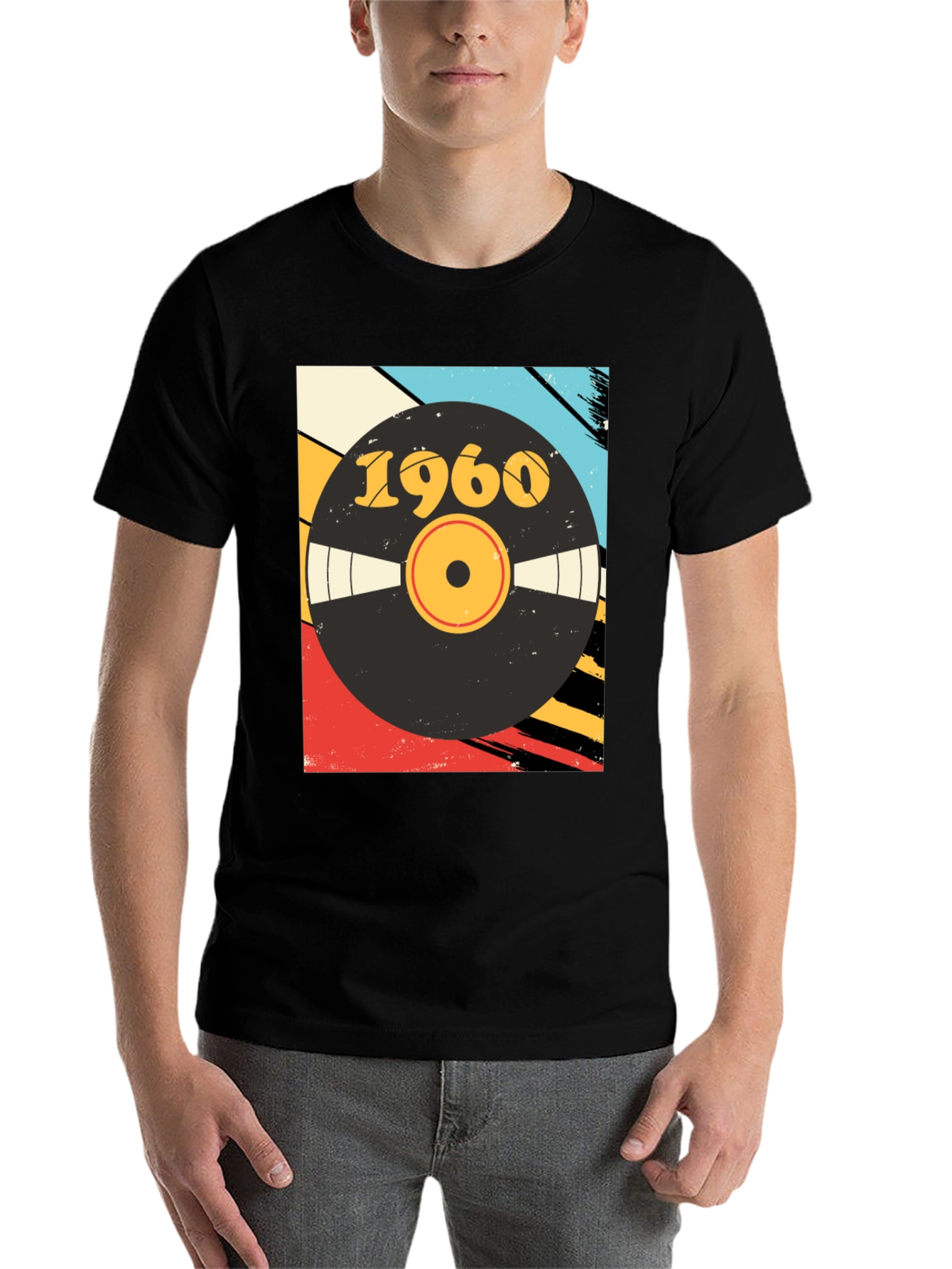 Black Retro 1960 Vinyl Record Graphic T-Shirt view 7