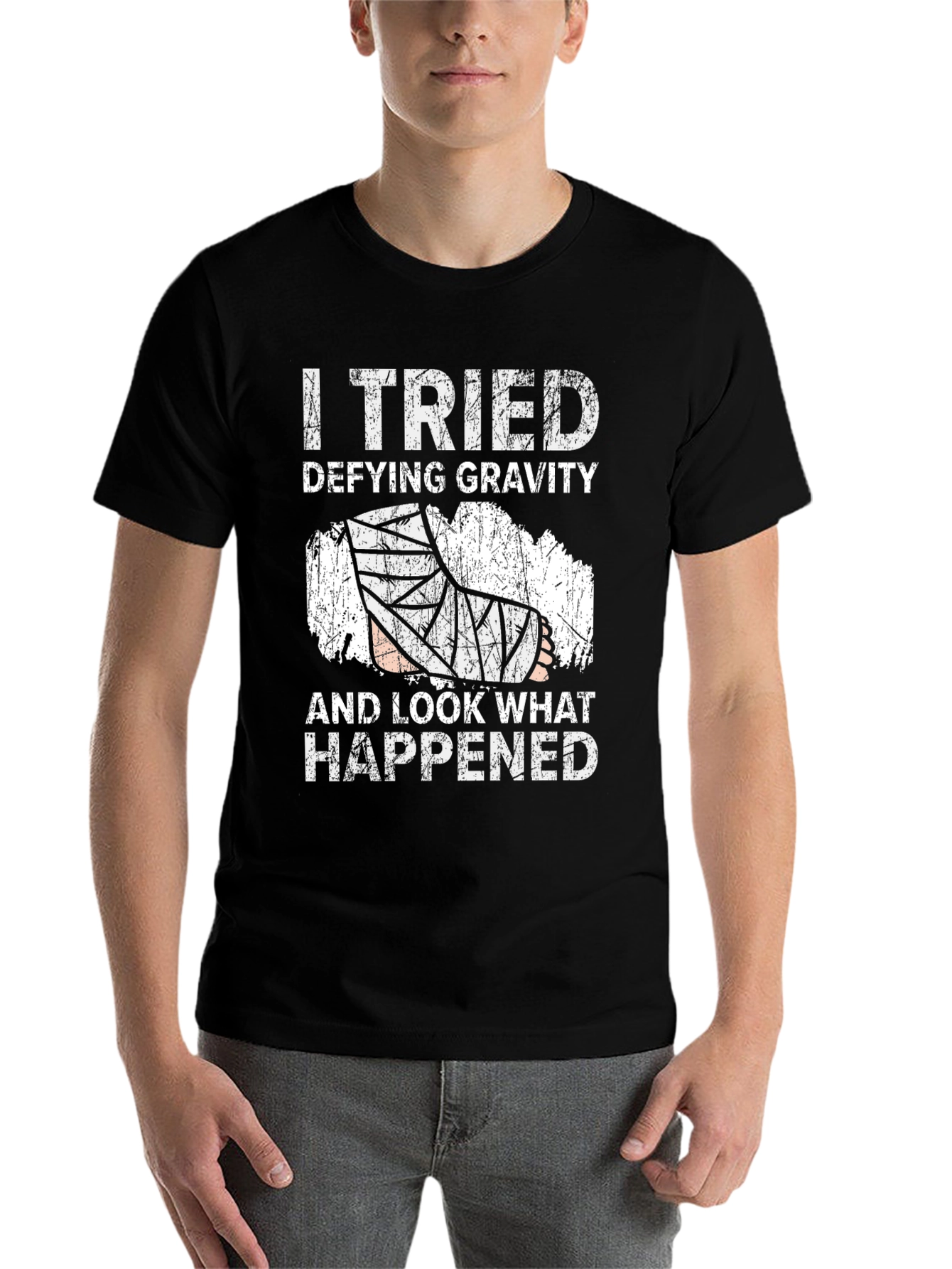 Black Defying Gravity Humor Tee - Broken Leg Joke Shirt view 7