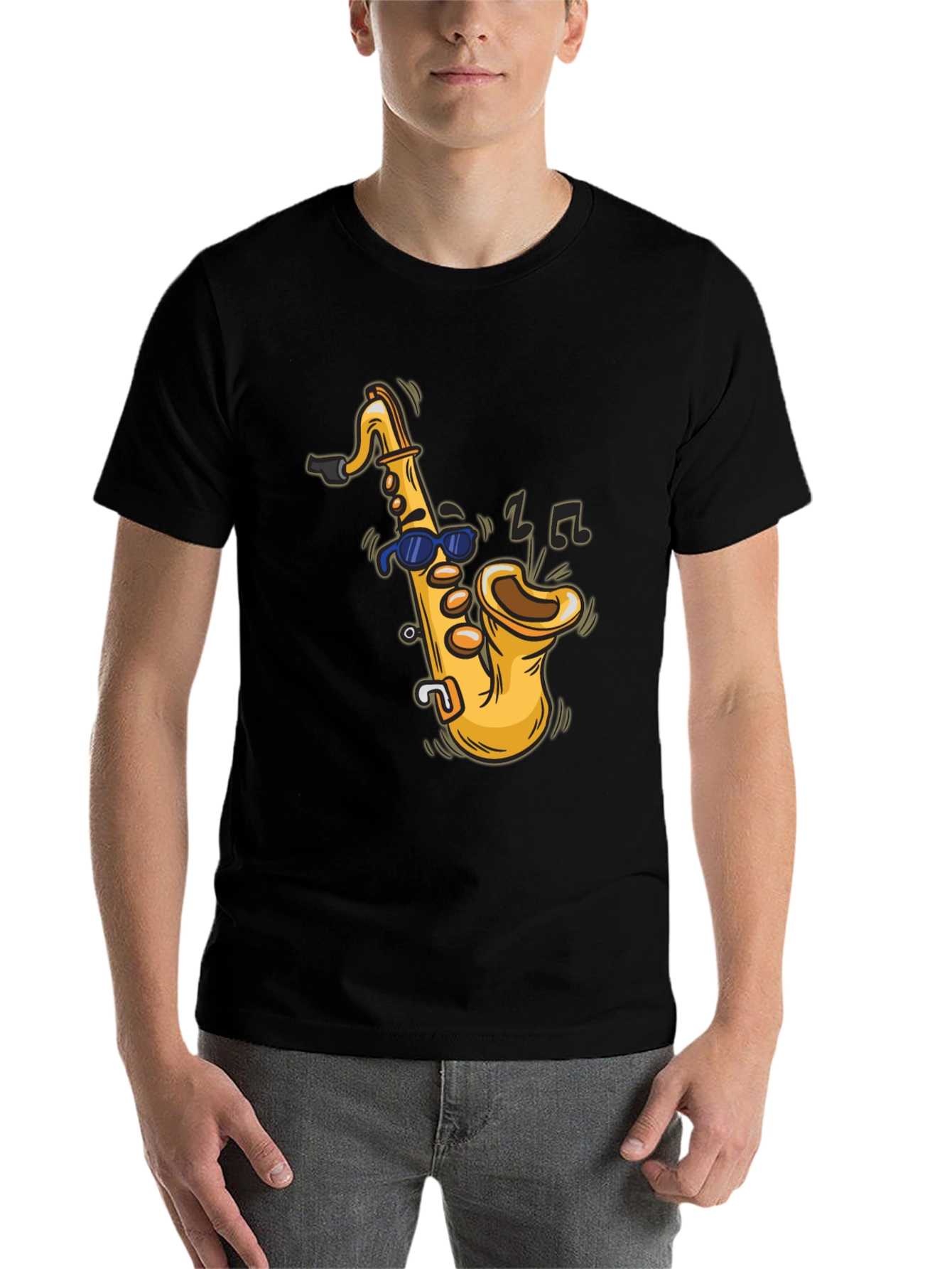 Black Cool Saxophone Cartoon Black T-Shirt view 7