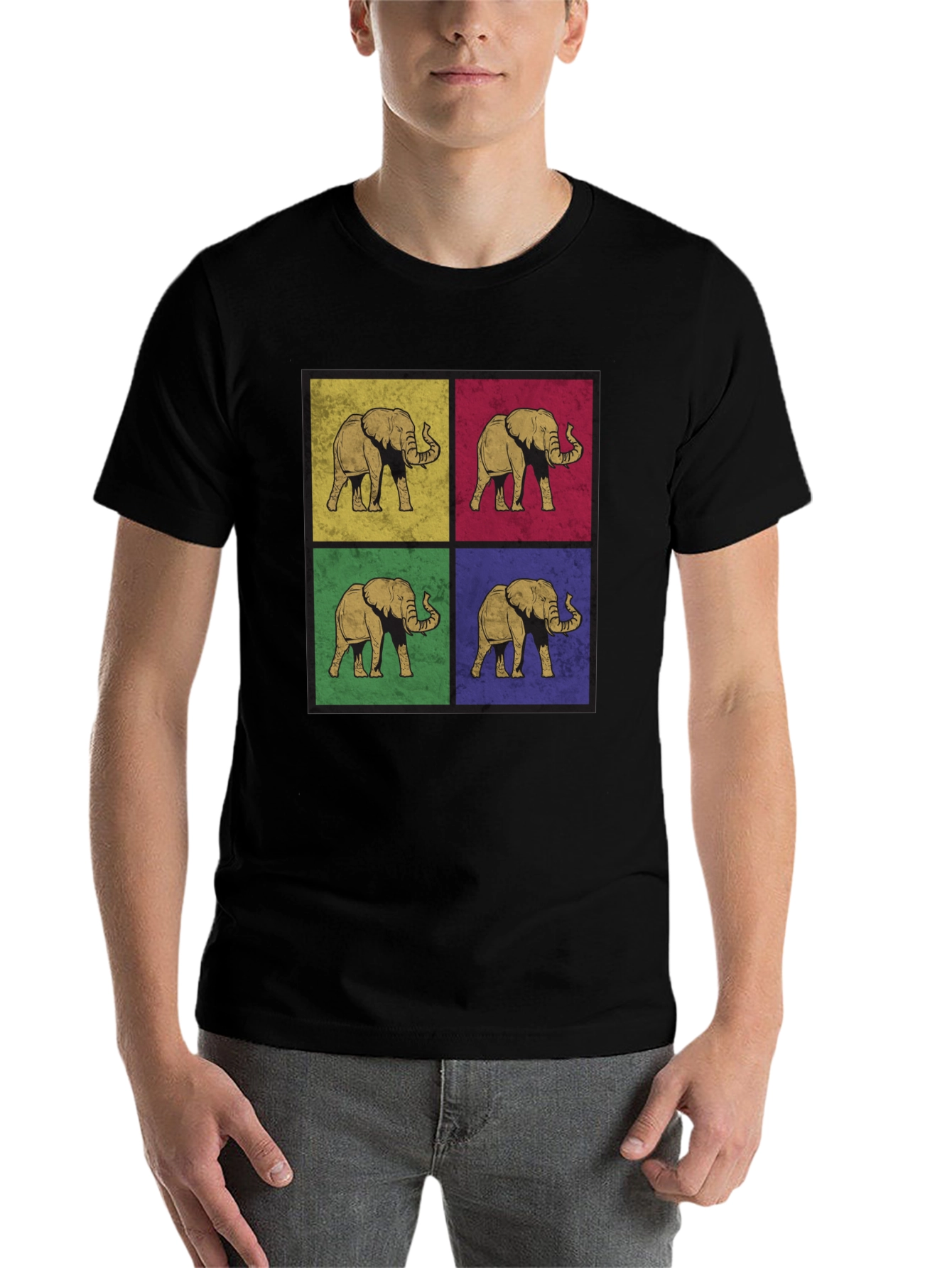 Black Retro Elephant Pop Art Print T-Shirt - Black view 7