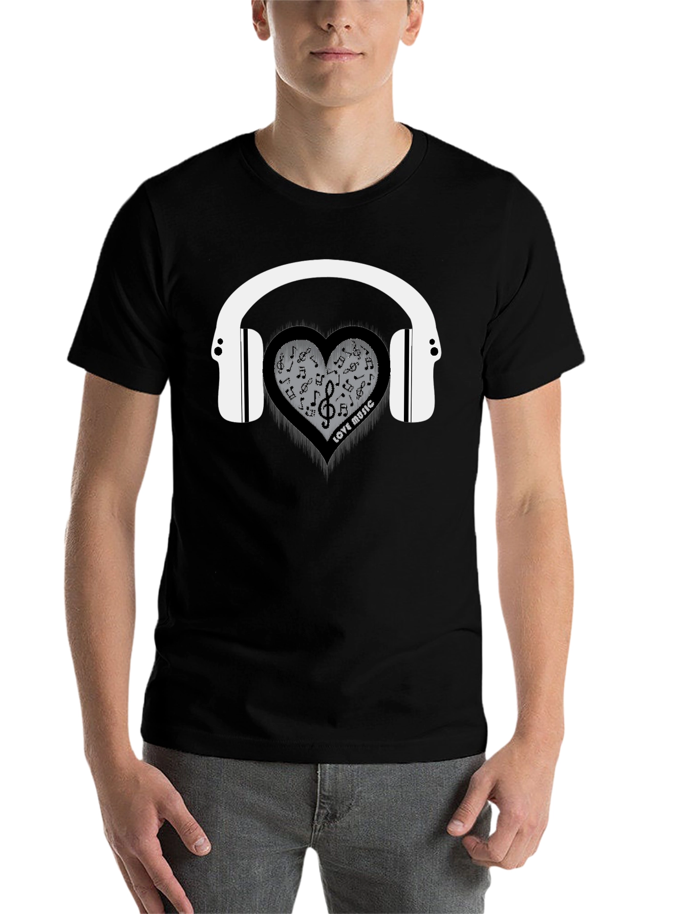 Black Love Music Heart Headphones Graphic T-Shirt view 7