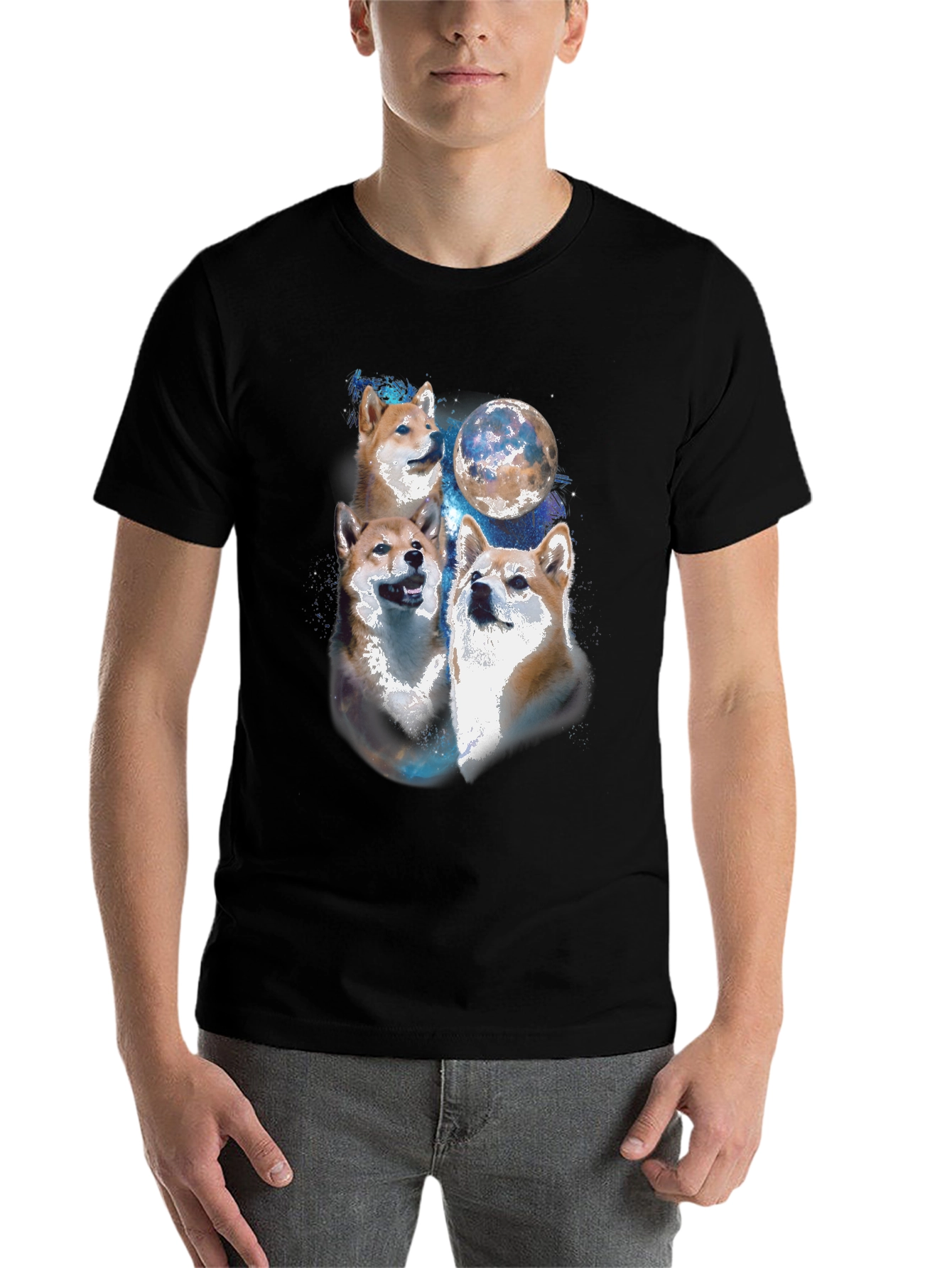 Black Shiba Inu Moon Black T-Shirt view 7