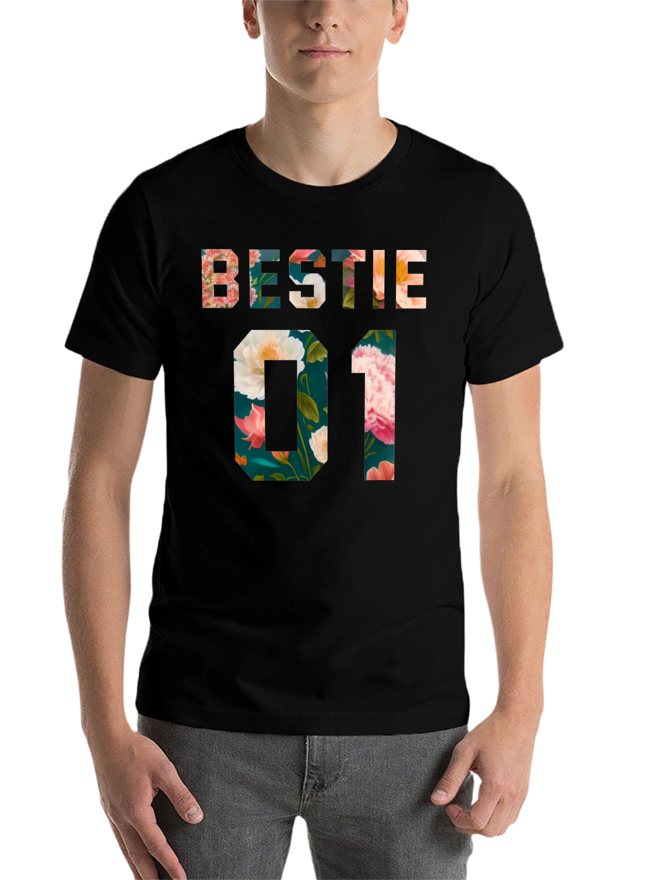 Black Floral Bestie 01 Black T-Shirt view 7