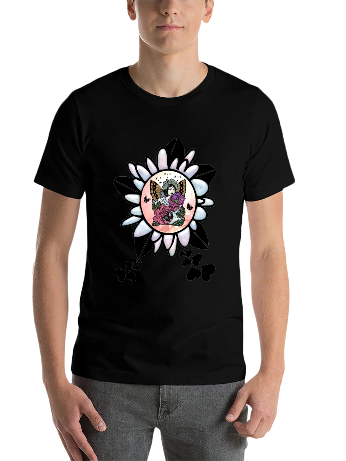 Black Floral Fairy Graphic T-Shirt - Unique Design view 7