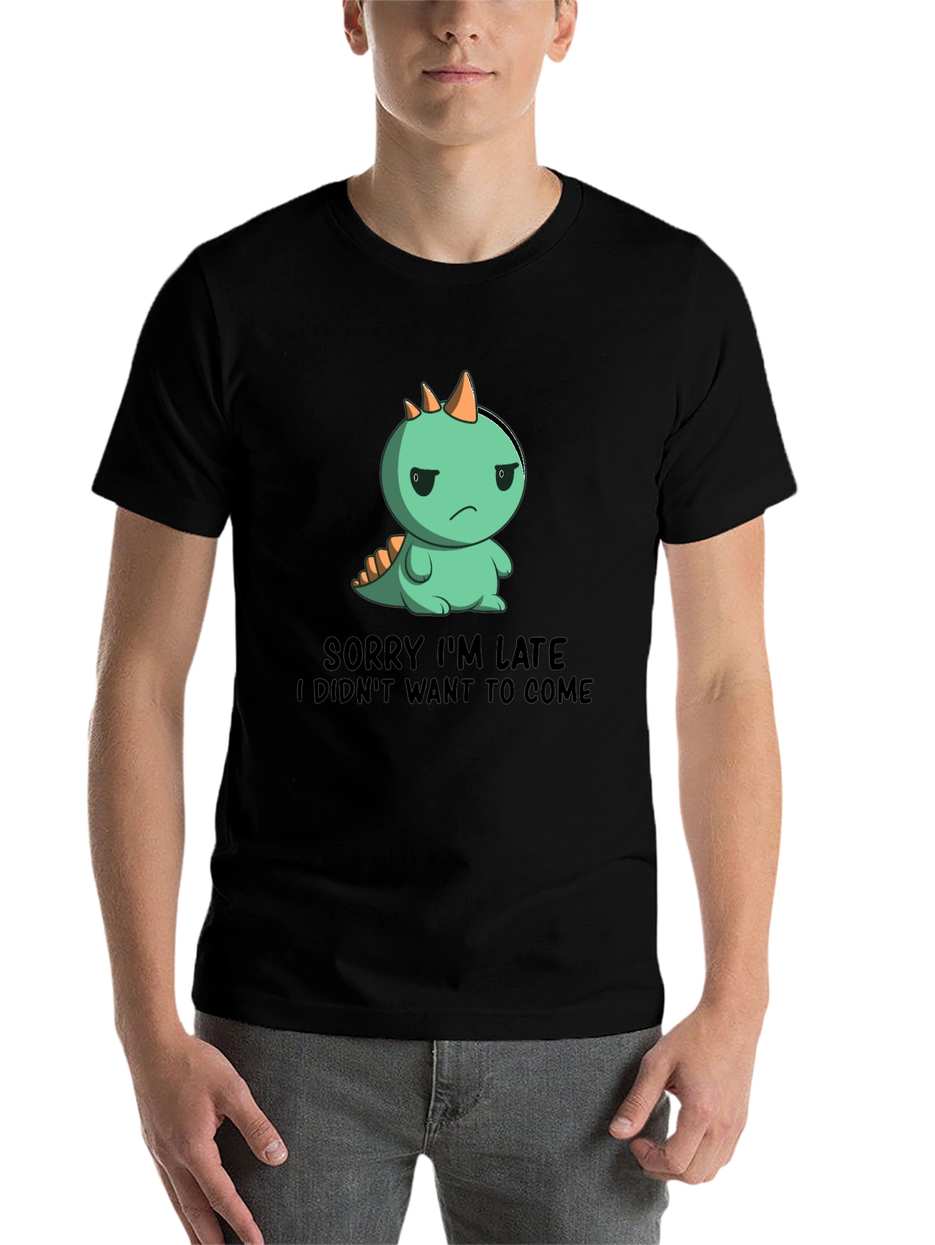 Black Funny Dinosaur Sorry I'm Late Graphic T-Shirt view 7