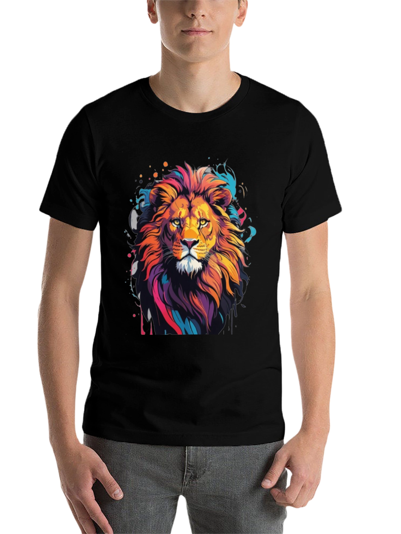 Black Vibrant Lion Graphic Tee - Artistic Men's T-Shirt view 7