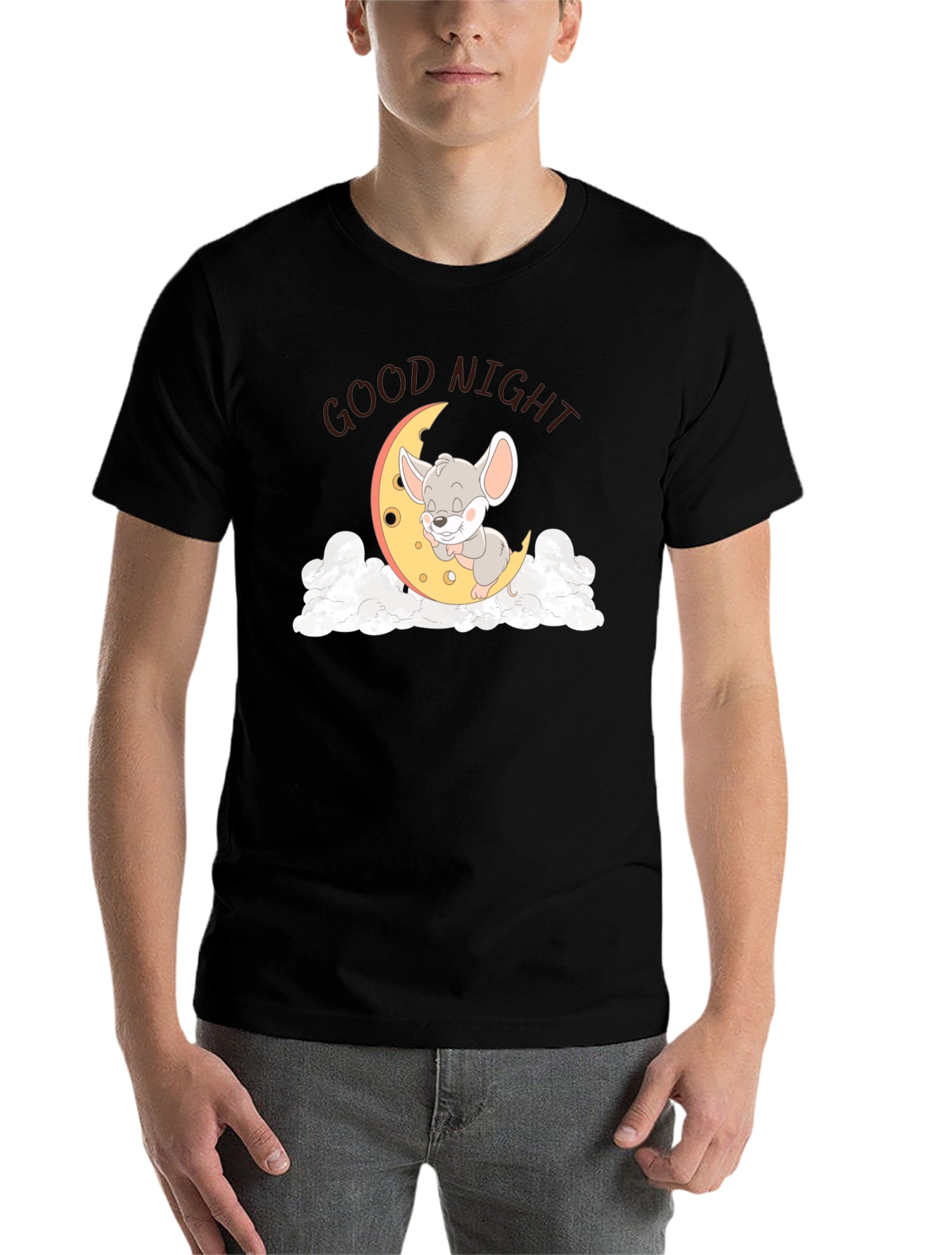 Black Cute Sleeping Mouse on Moon Graphic T-Shirt view 7