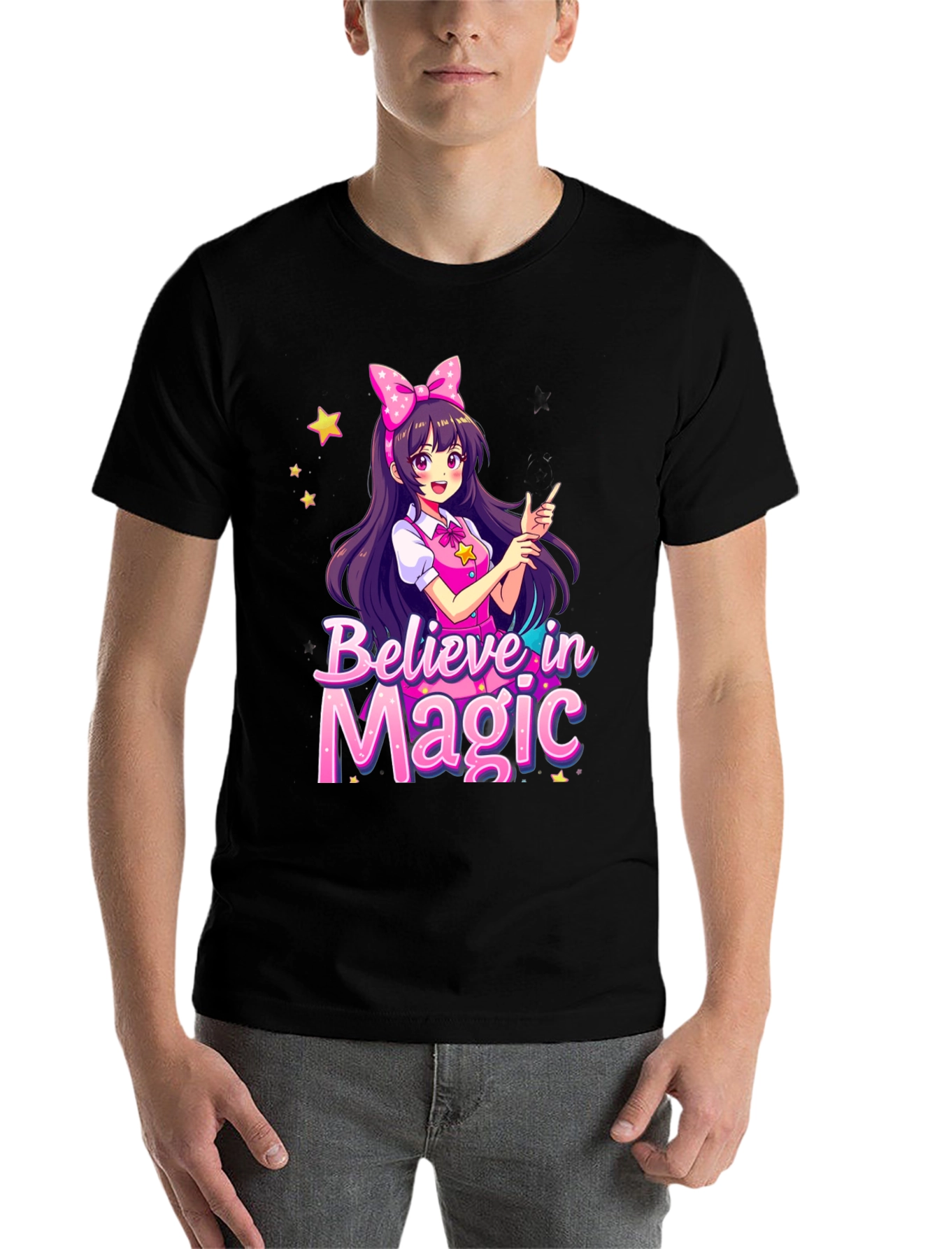 Black Believe in Magic Anime Girl Graphic T-Shirt view 7