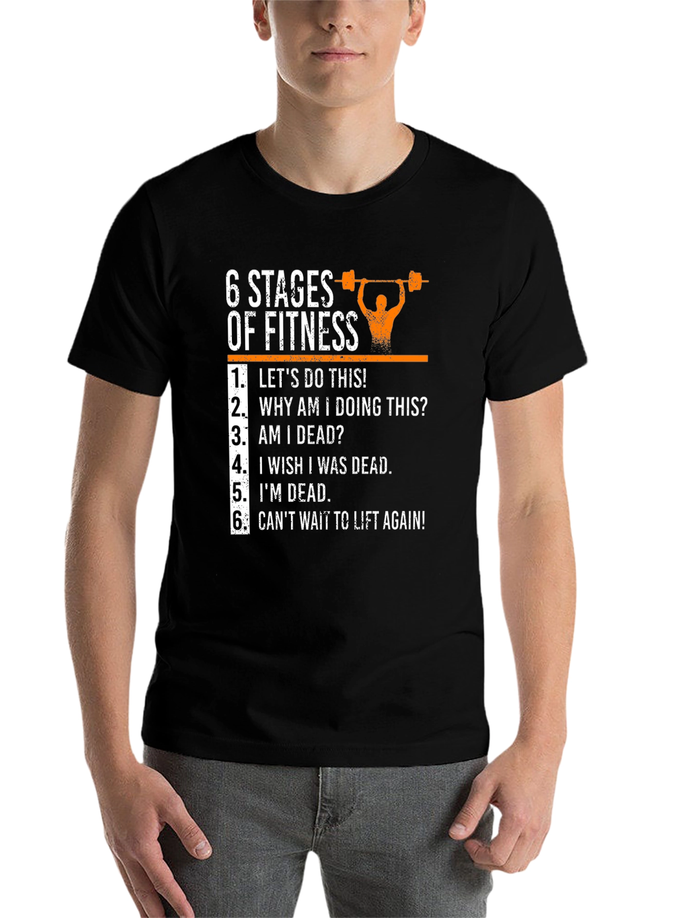 Black 6 Stages of Fitness Graphic T-Shirt - Funny Workout Tee view 7