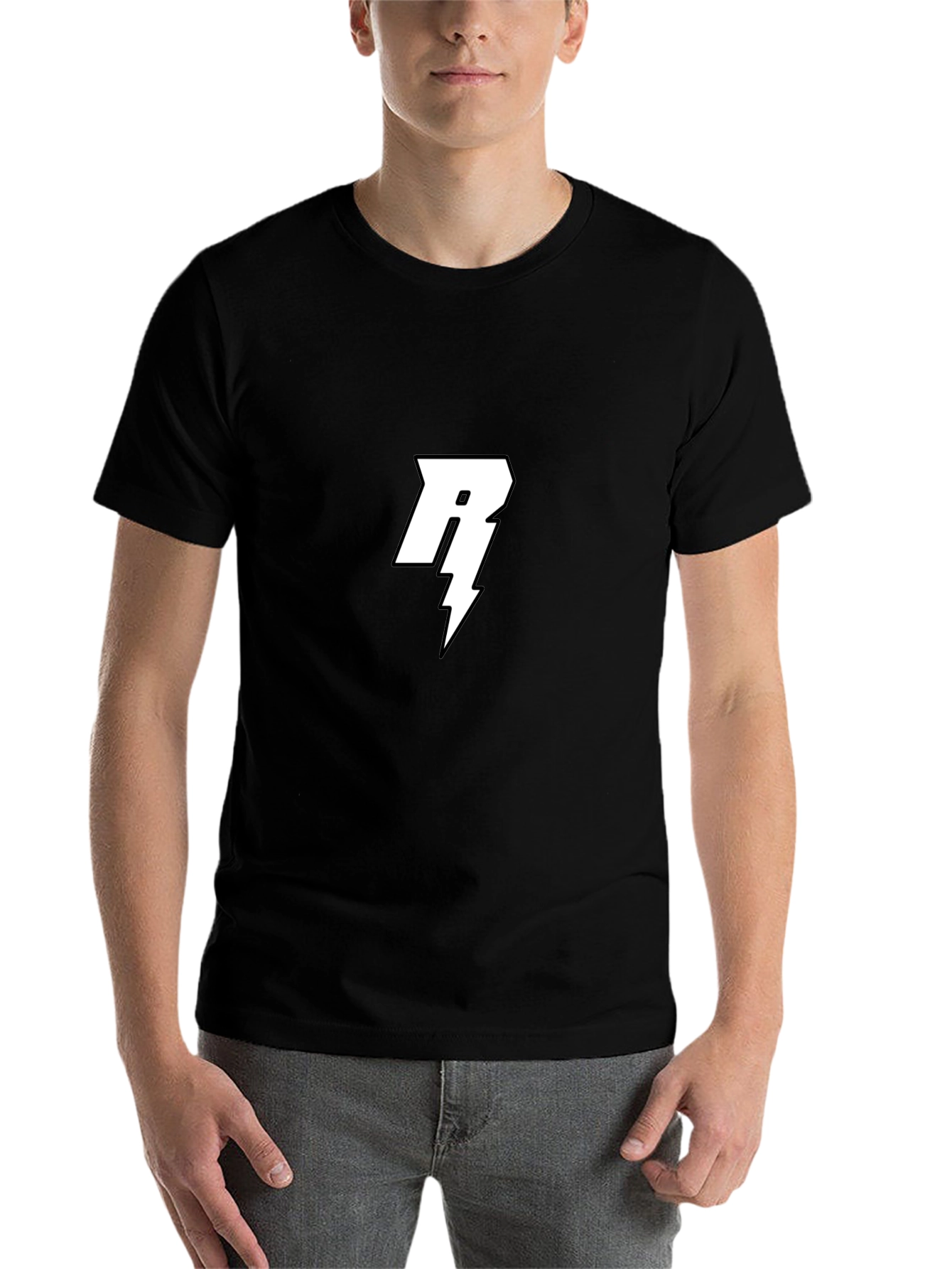Black Black T-Shirt with White Letter R Lightning Bolt Design view 7