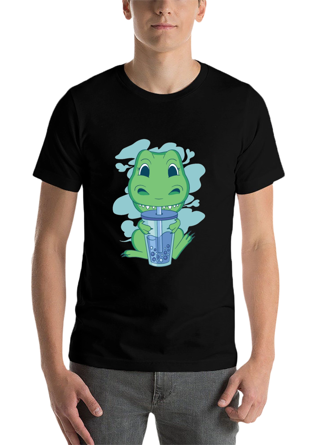Black Dino Boba Tea Graphic Tee - Black Cotton T-Shirt view 7