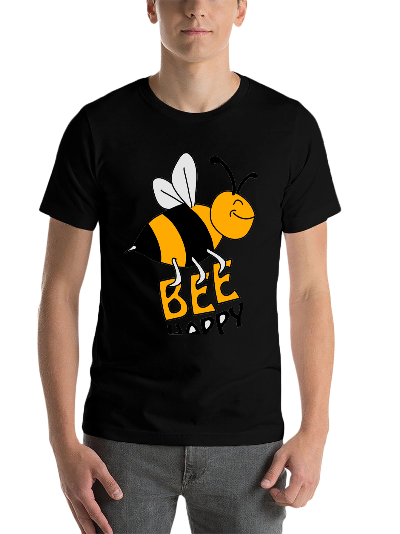 Black Bee Happy Graphic Tee - Black Cotton T-Shirt view 7