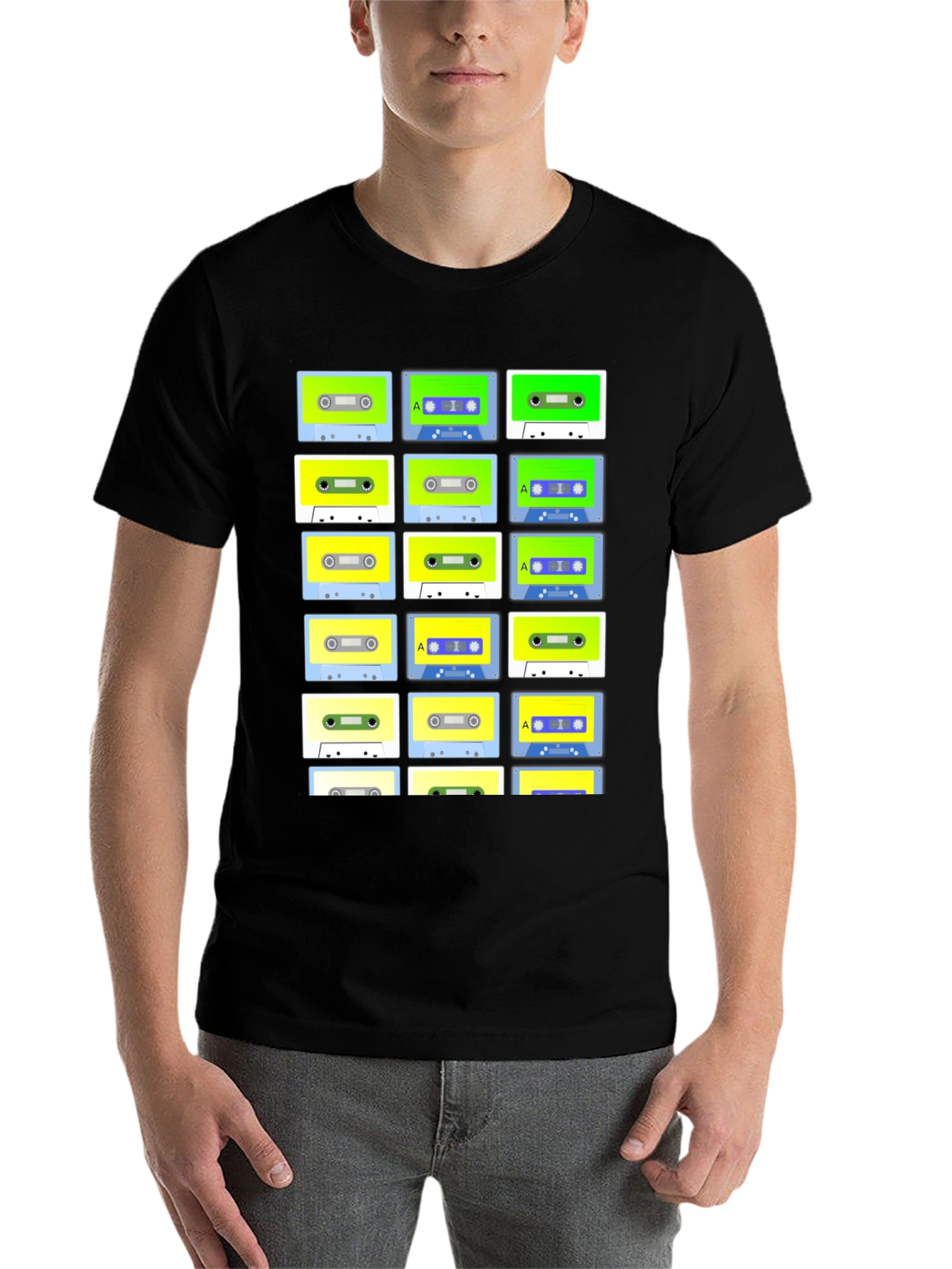 Black Retro Cassette Tape Pattern Black T-Shirt view 7