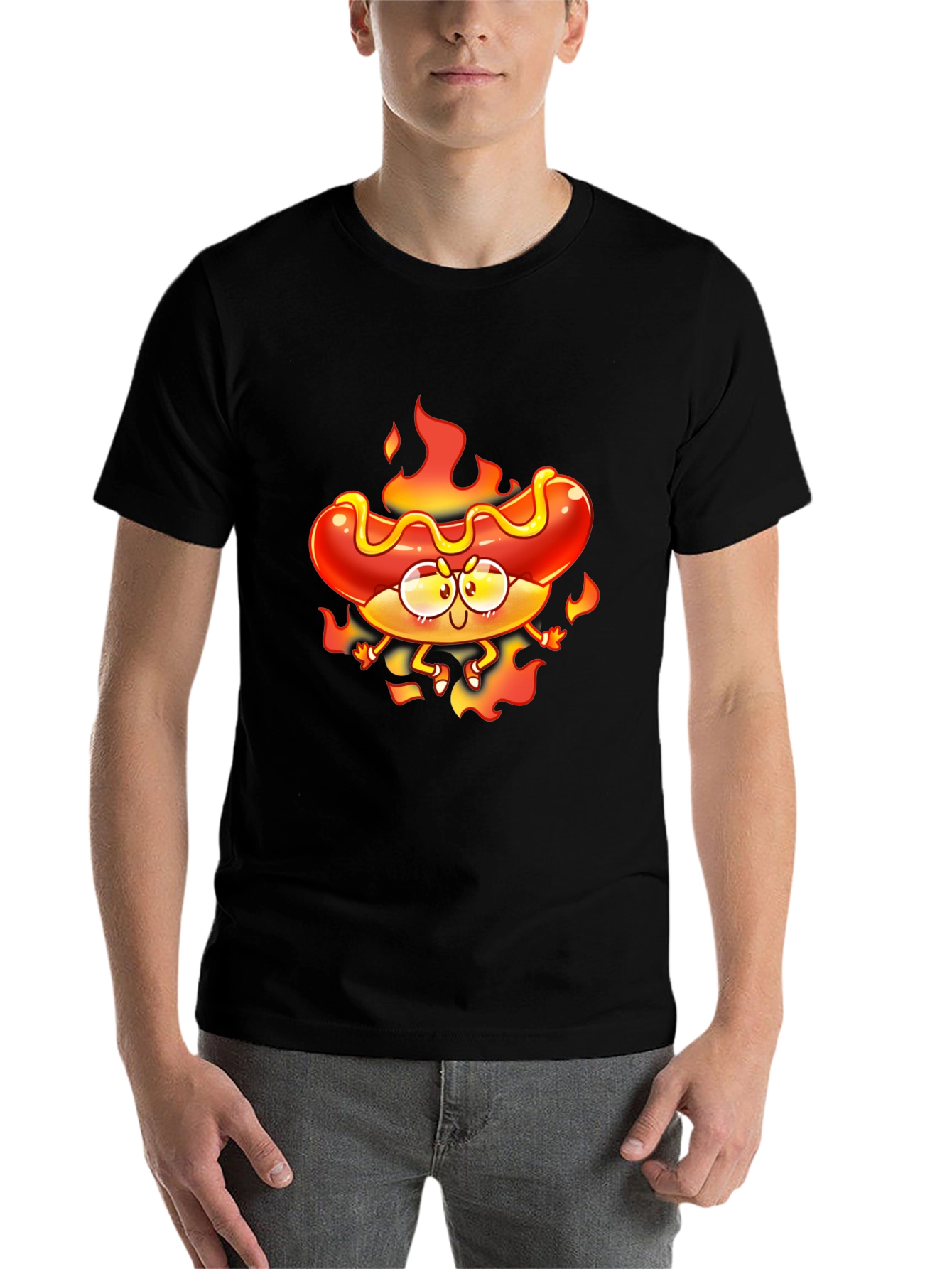 Black Flaming Hotdog Cartoon Graphic T-Shirt view 7