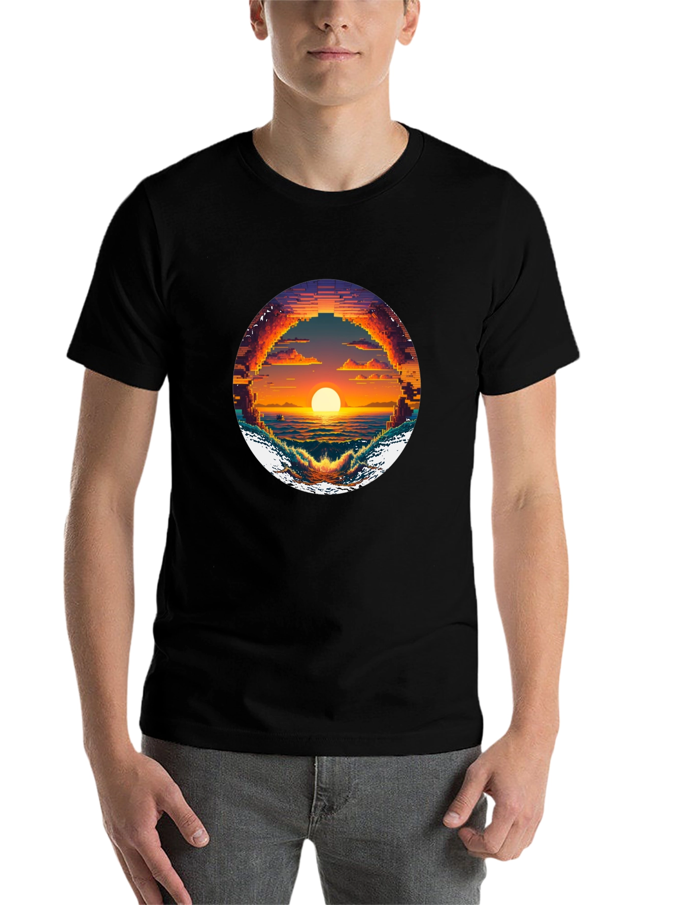 Black Pixel Sunset Graphic Tee - Retro Style view 7