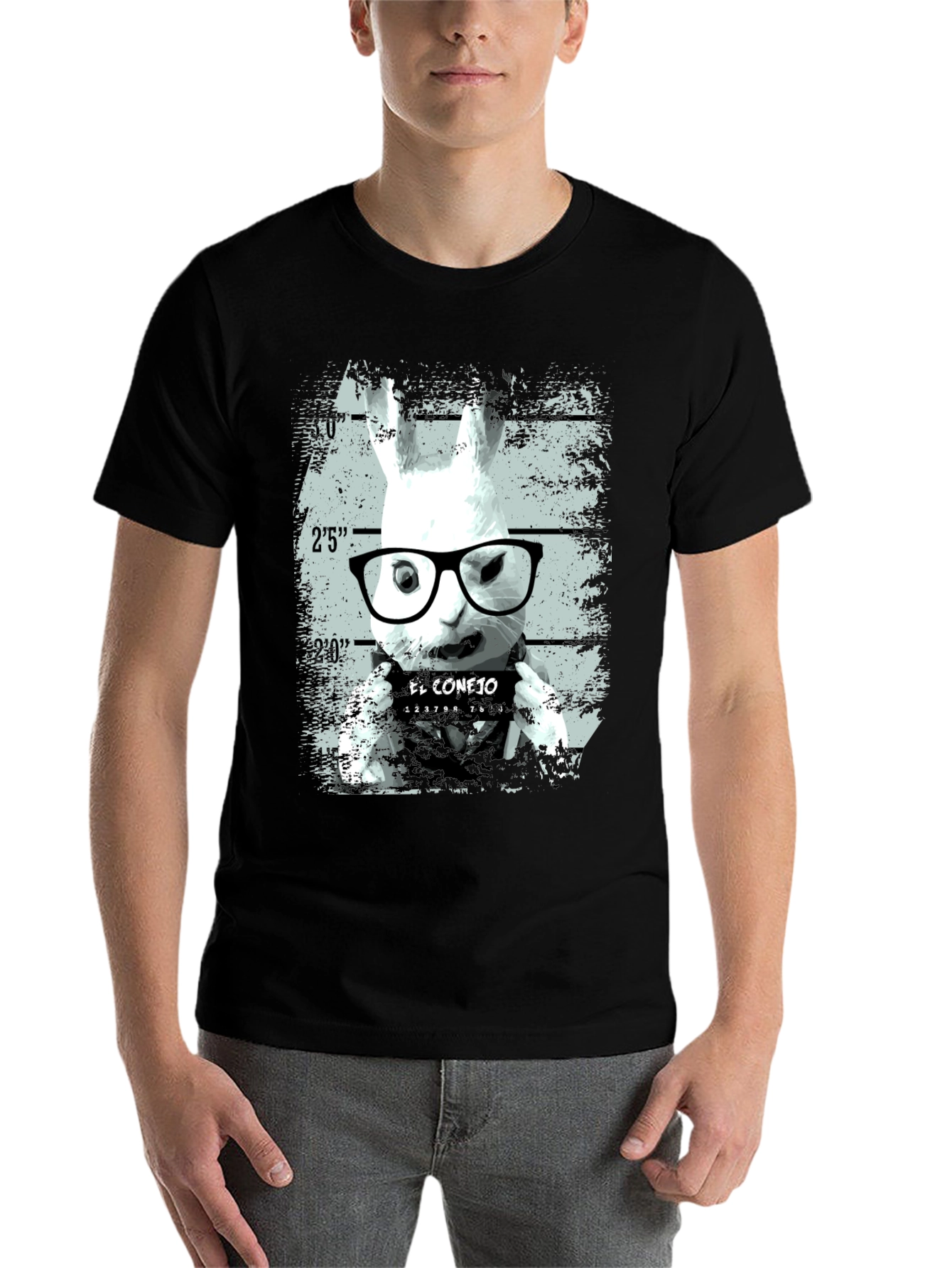 Black Funny Rabbit Mugshot Graphic Tee - Black view 7