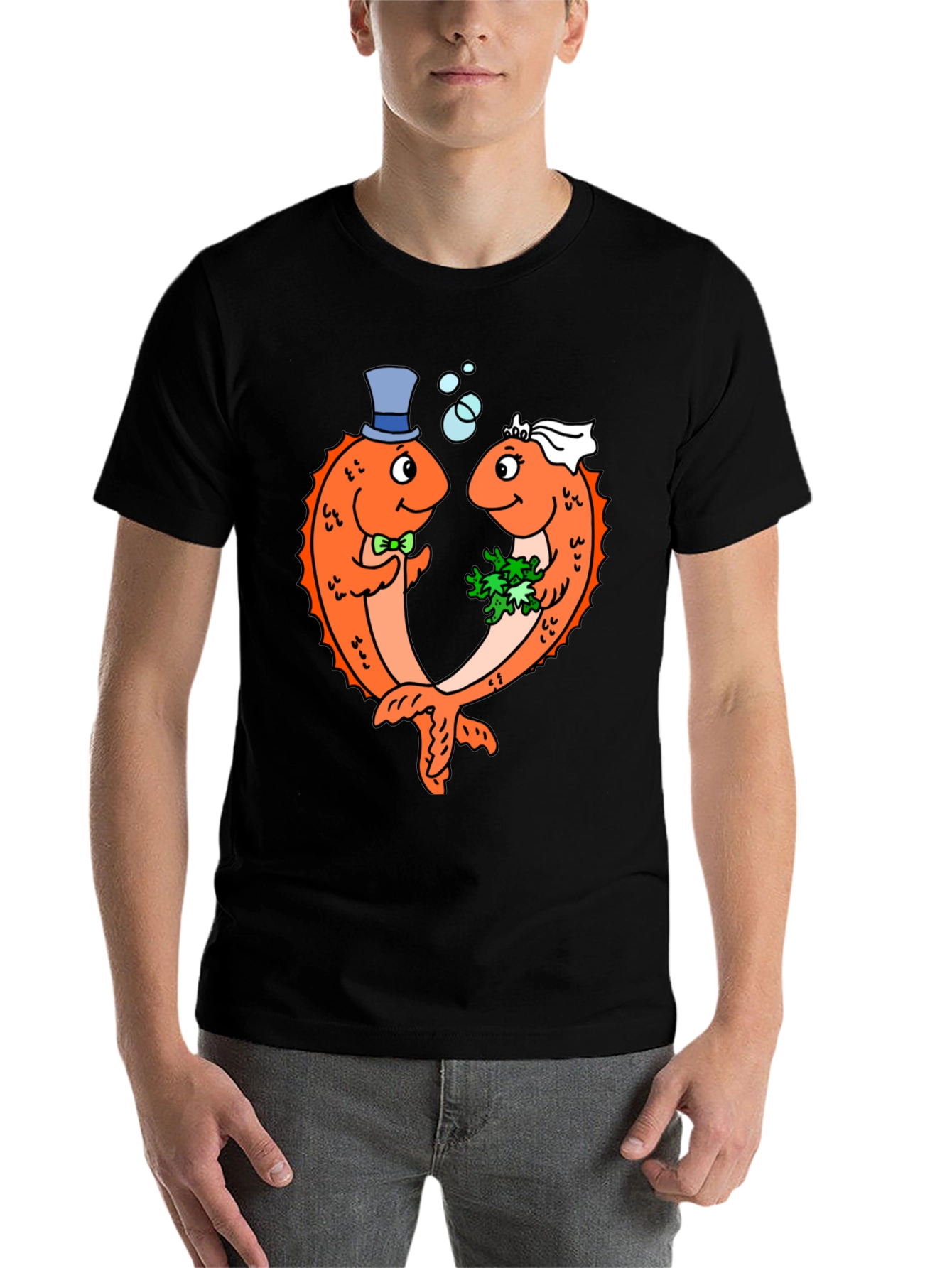 Black Funny Fish Wedding Black T-Shirt view 7