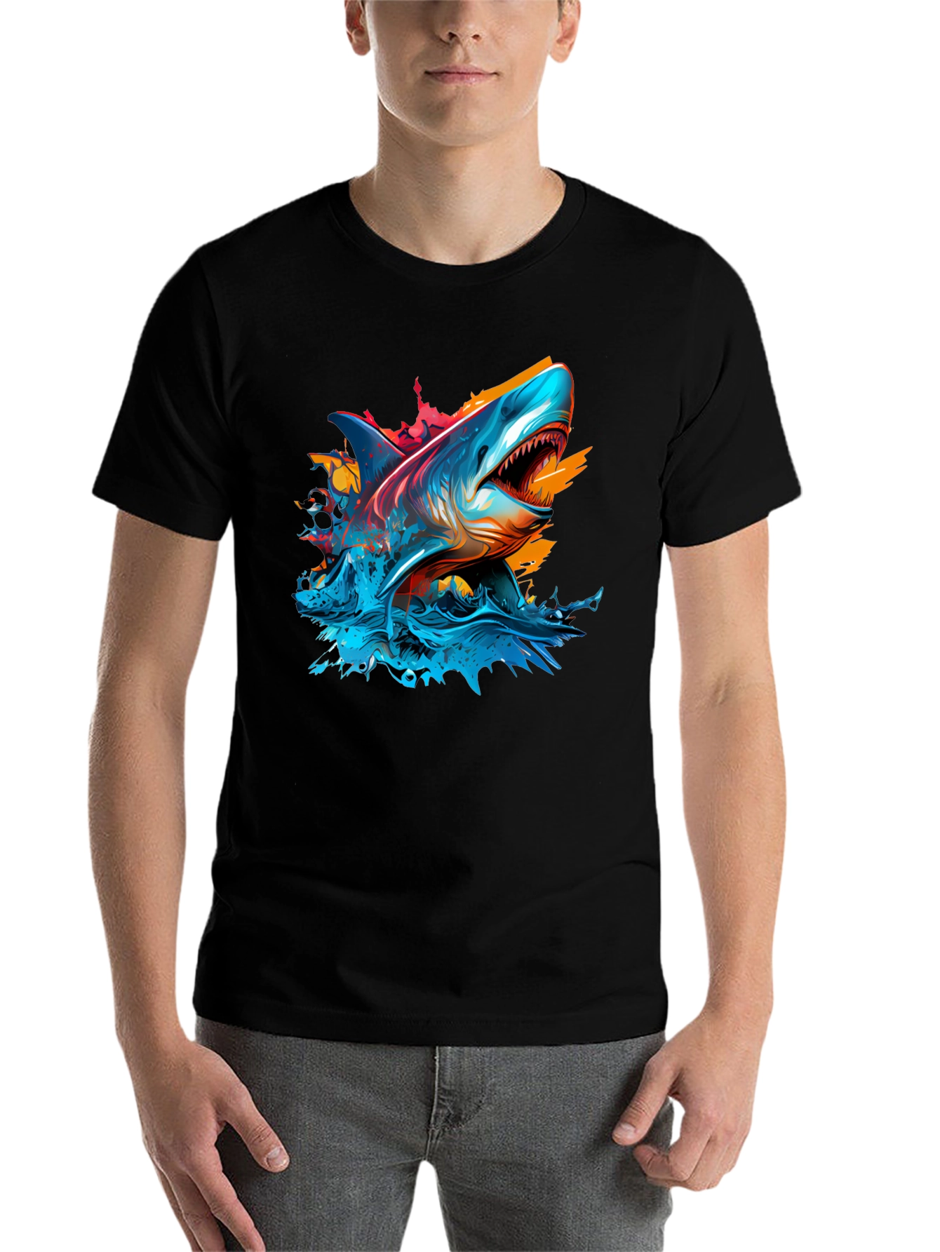 Black Shark Attack Graphic Tee - Bold Black T-Shirt view 7