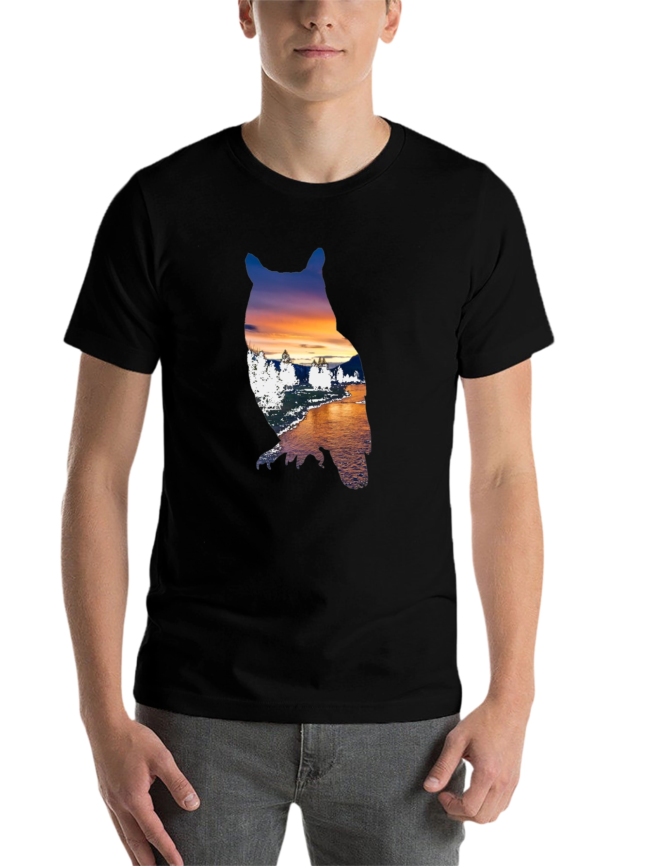 Black Sunset Owl Graphic Tee - Men's Black T-Shirt view 7