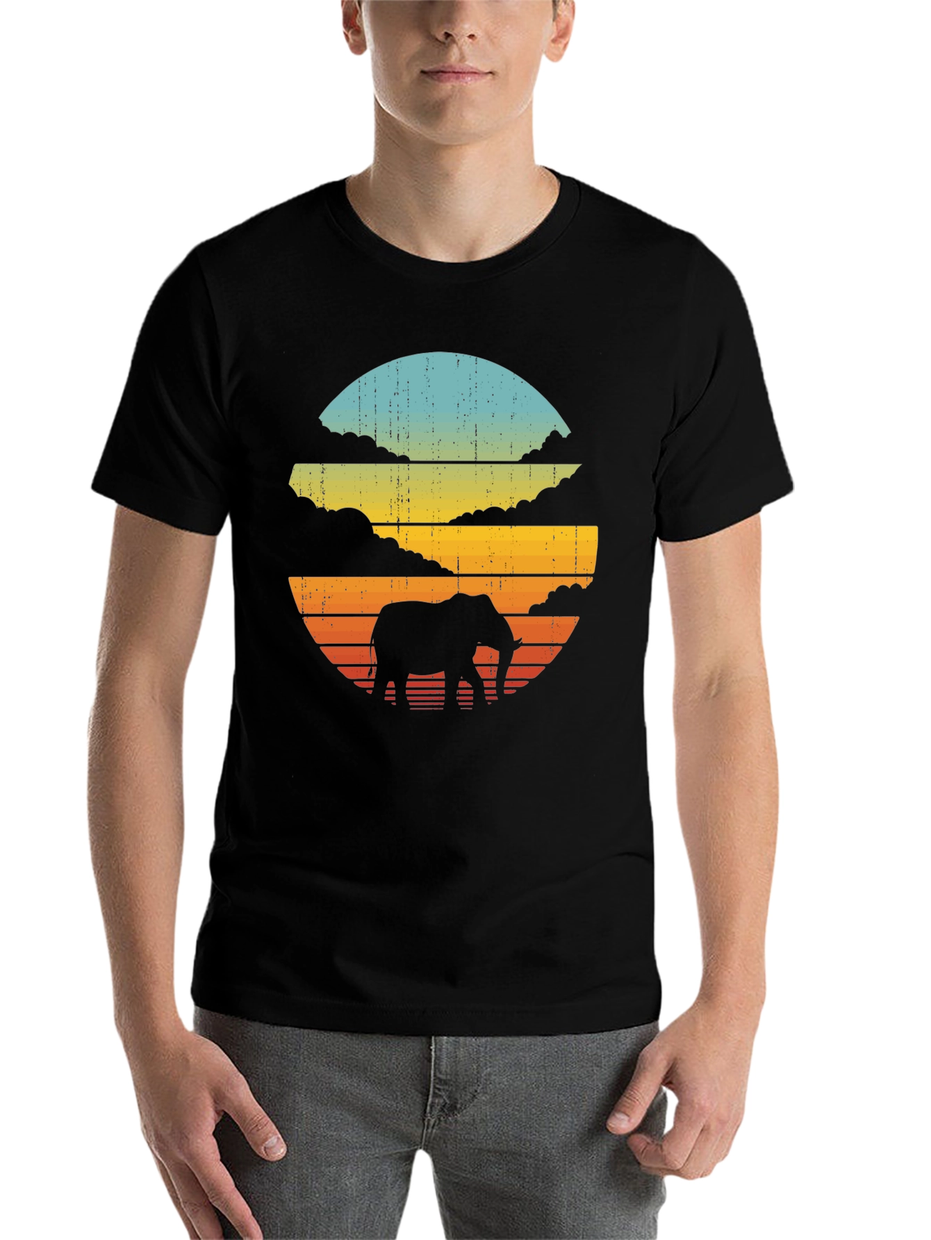 Black Retro Elephant Sunset Black T-Shirt view 7