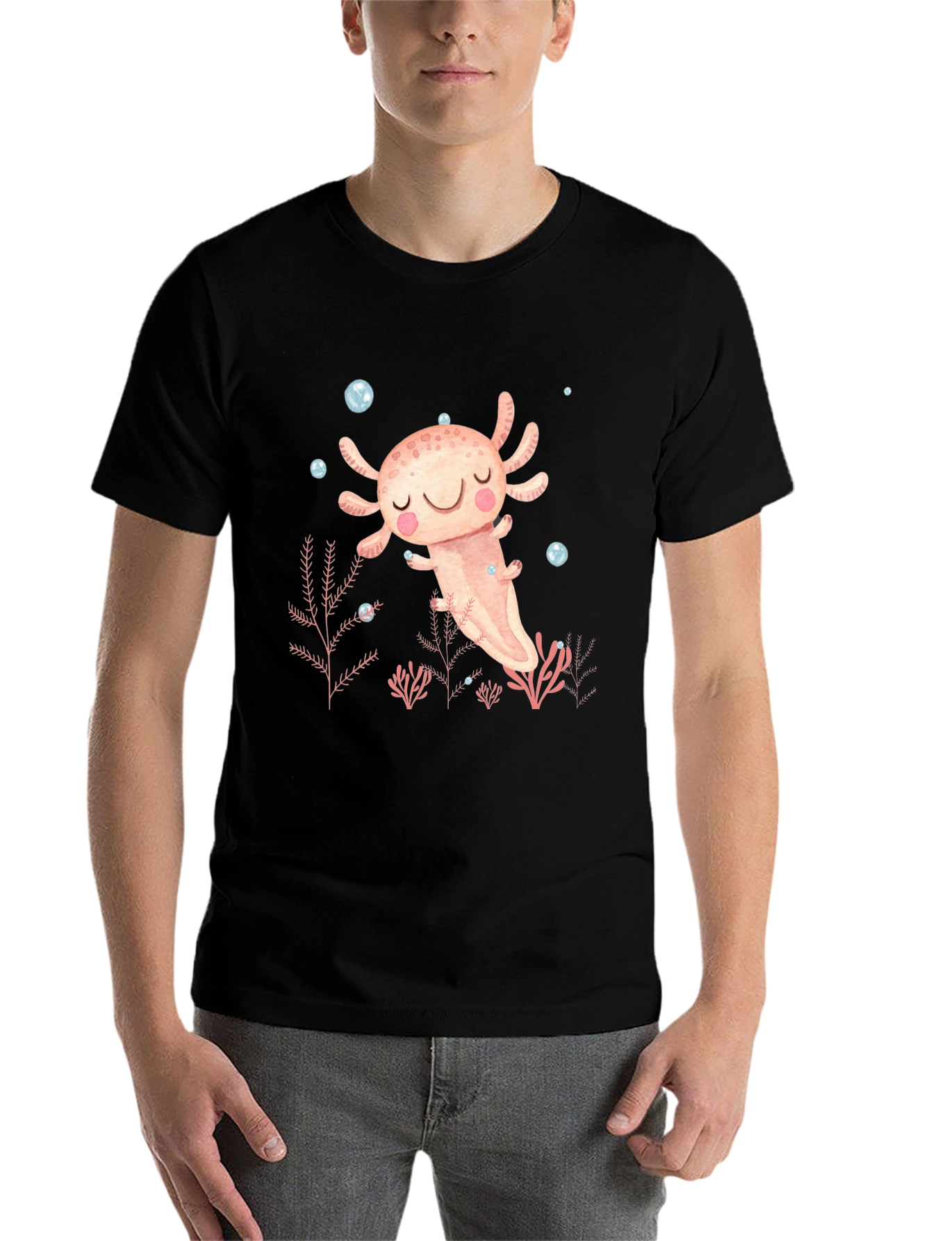 Black Axolotl Cute Kawaii Design Black T-Shirt view 7