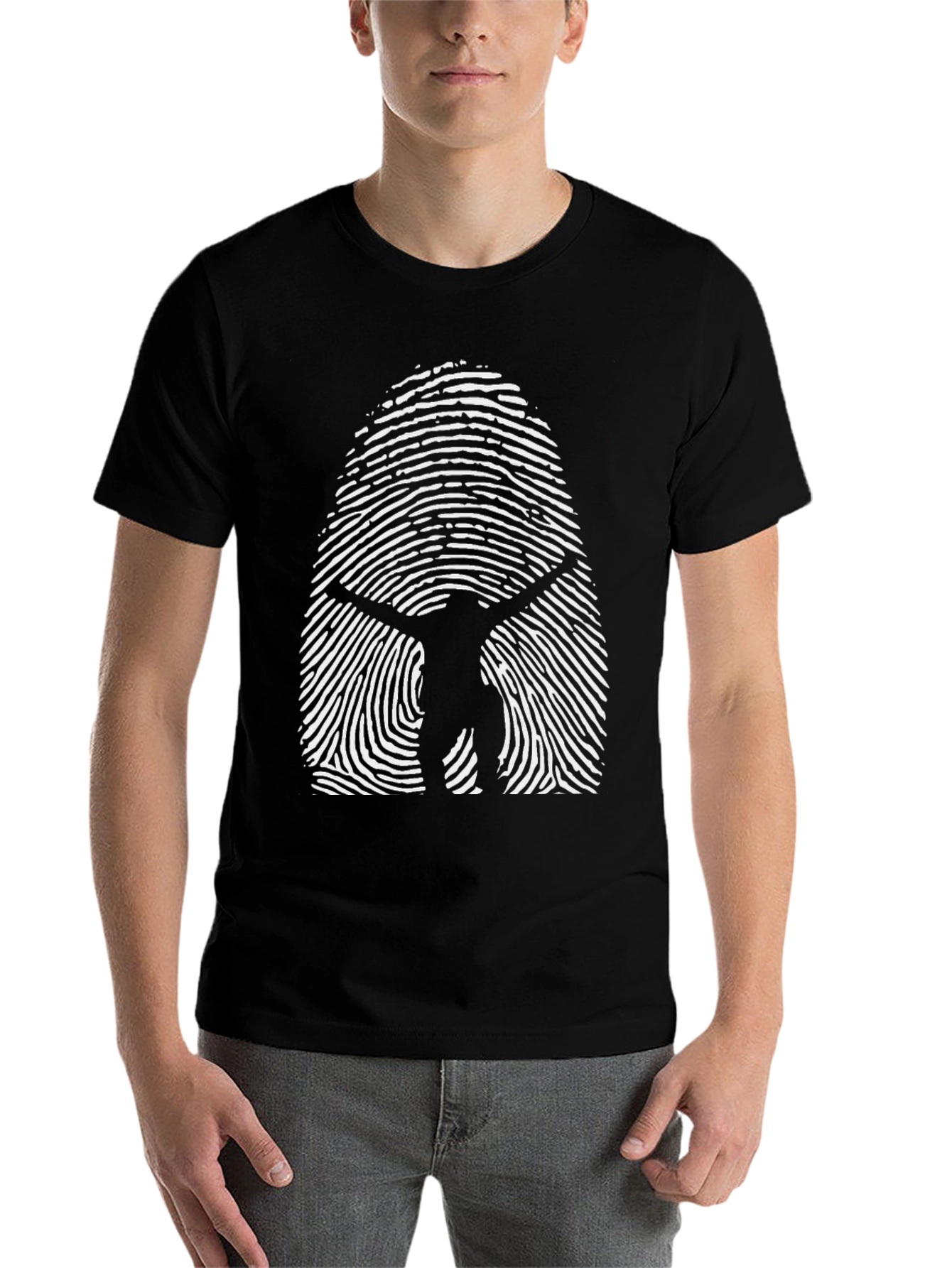 Black Vitruvian Man Fingerprint Graphic T-Shirt view 7