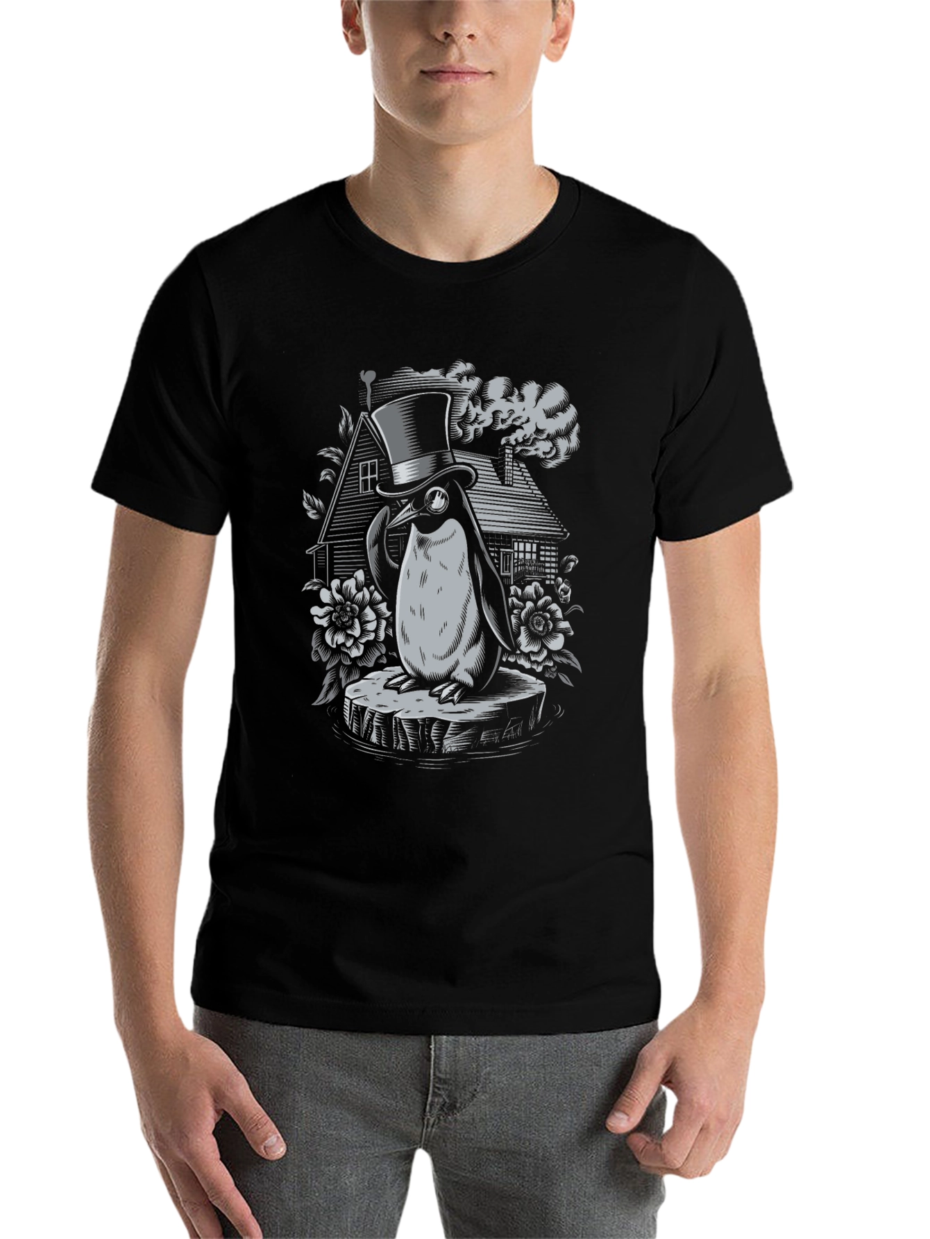 Black Penguin Top Hat Graphic Tee - Unique Design view 7
