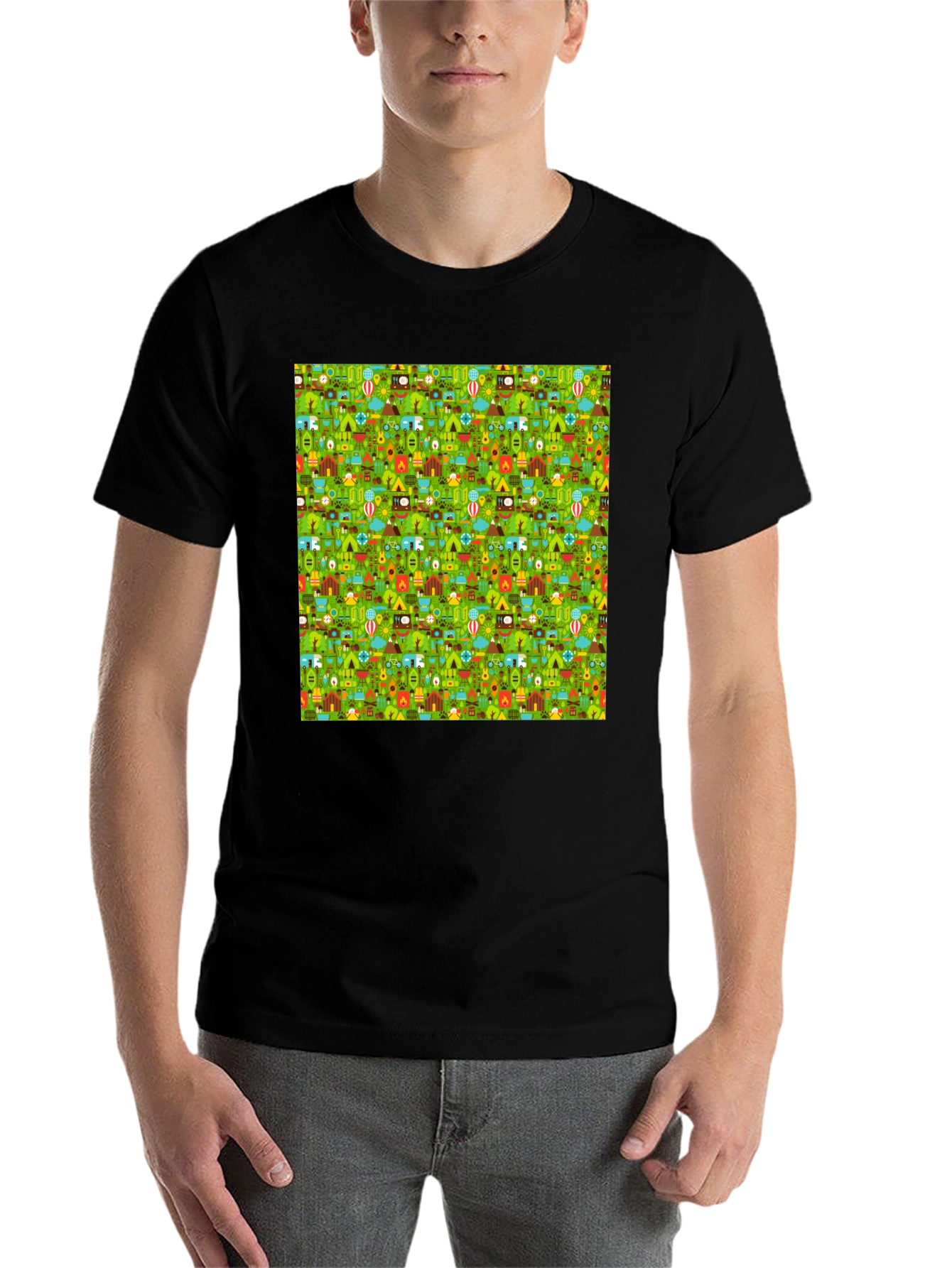 Black Camping Pattern Crew Neck T-Shirt view 7