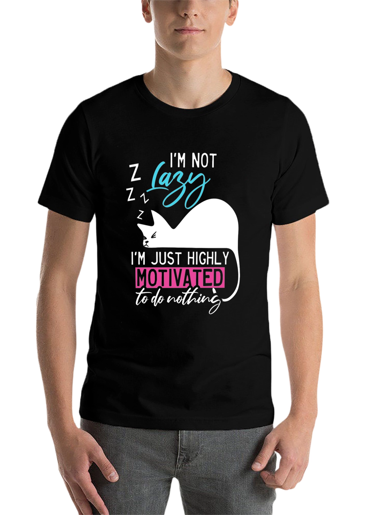 Black Funny Cat Lazy Motivation T-Shirt view 7
