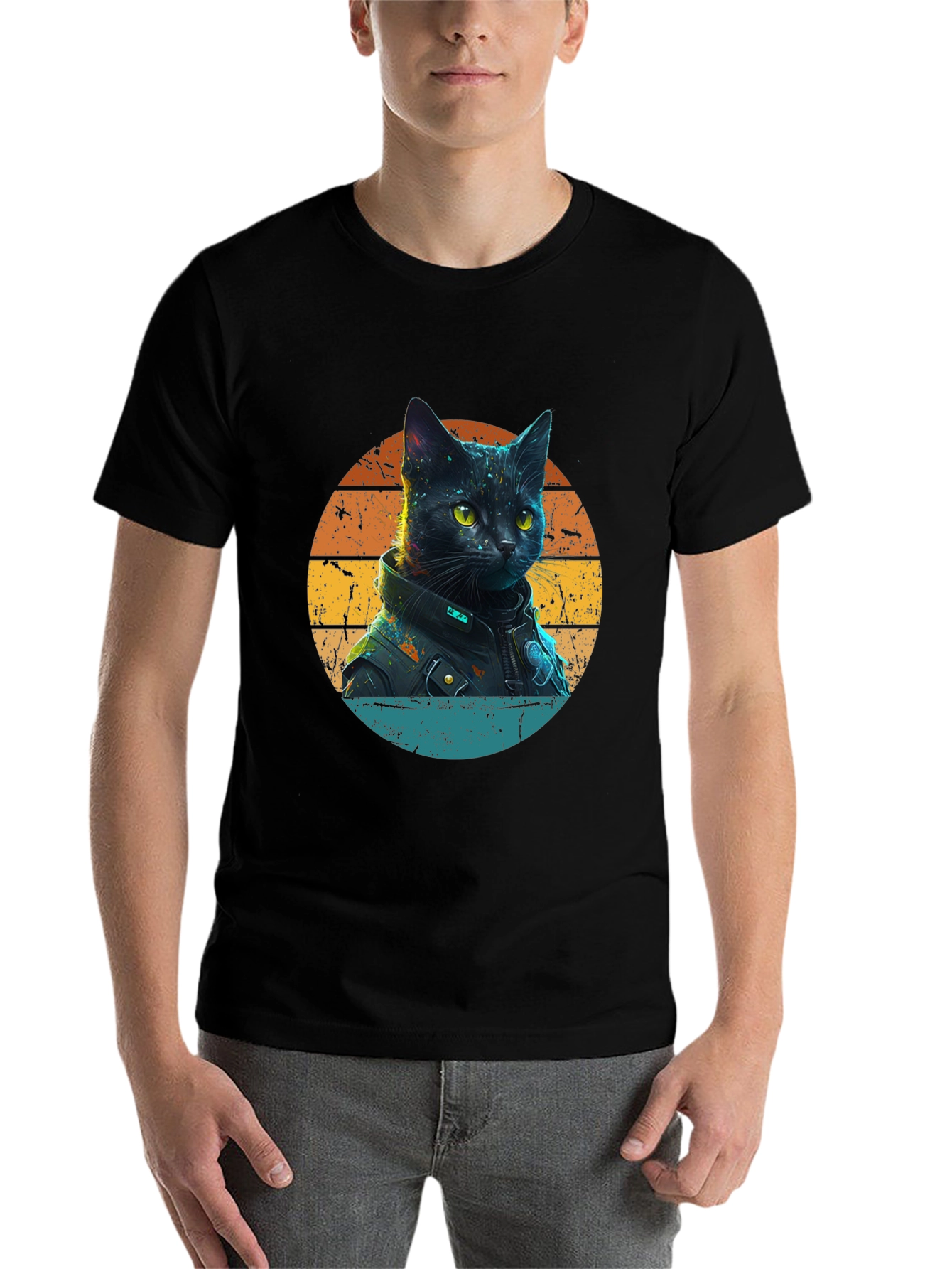 Black Cool Cat in Jacket T-Shirt view 7