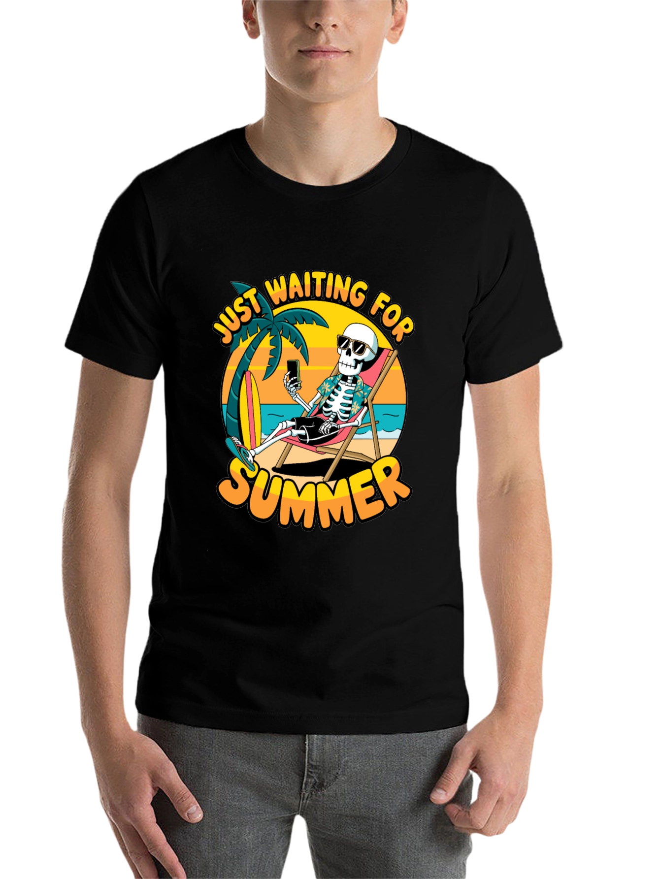 Black Just Waiting For Summer T-Shirt - Skeleton Beach Design view 7