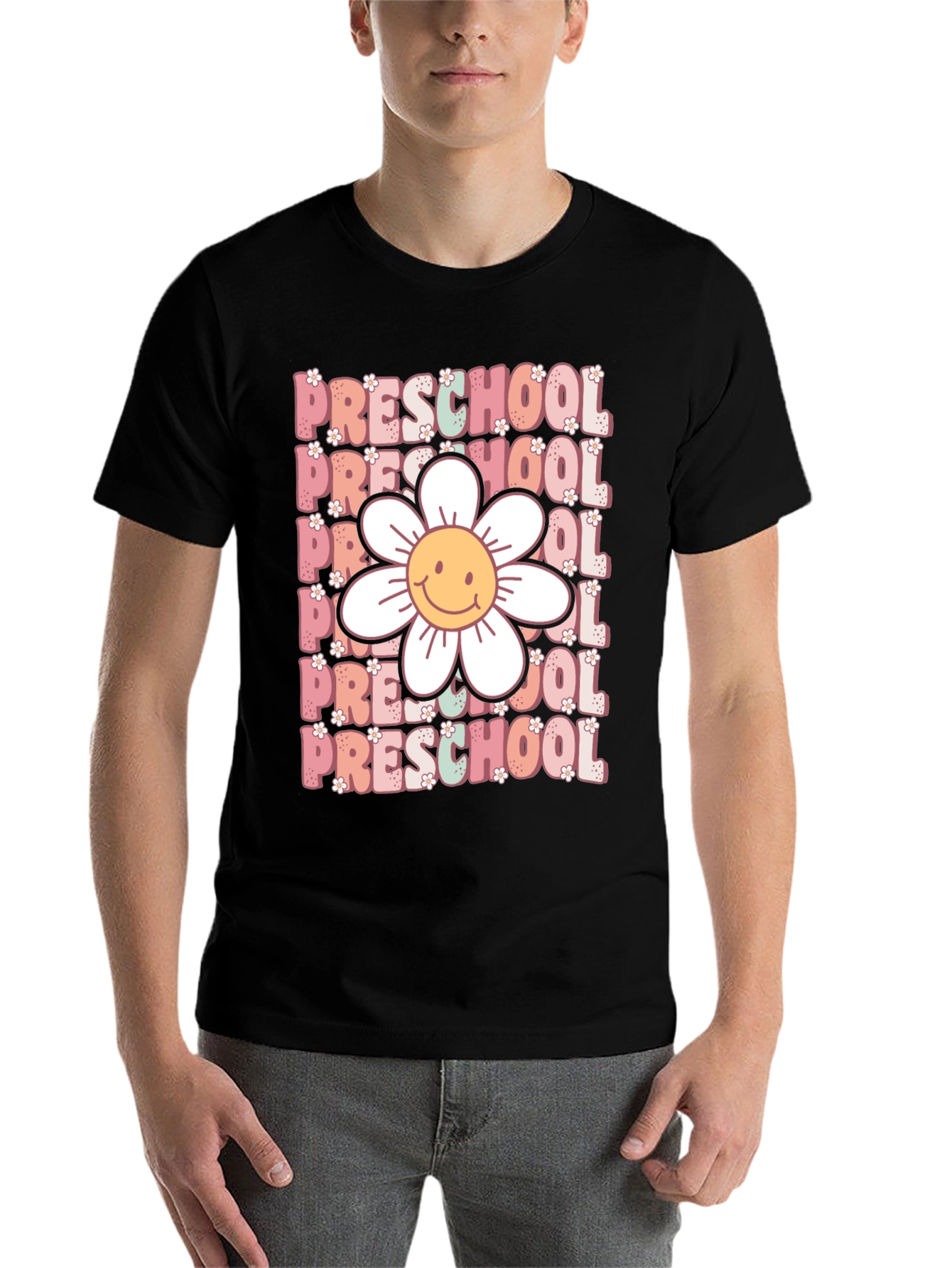 Black Preschool Teacher T-Shirt - Floral Graphic view 7