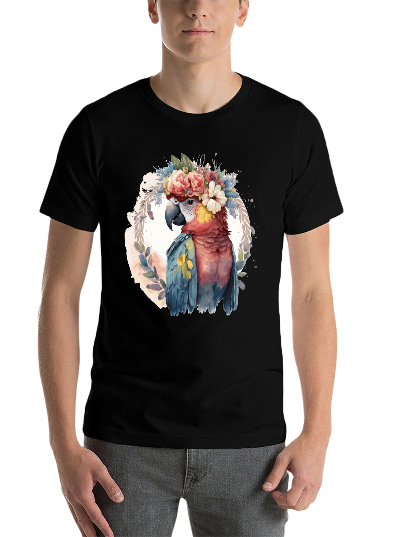 Black Parrot Floral Crown T-Shirt - Men's Black Tee view 7