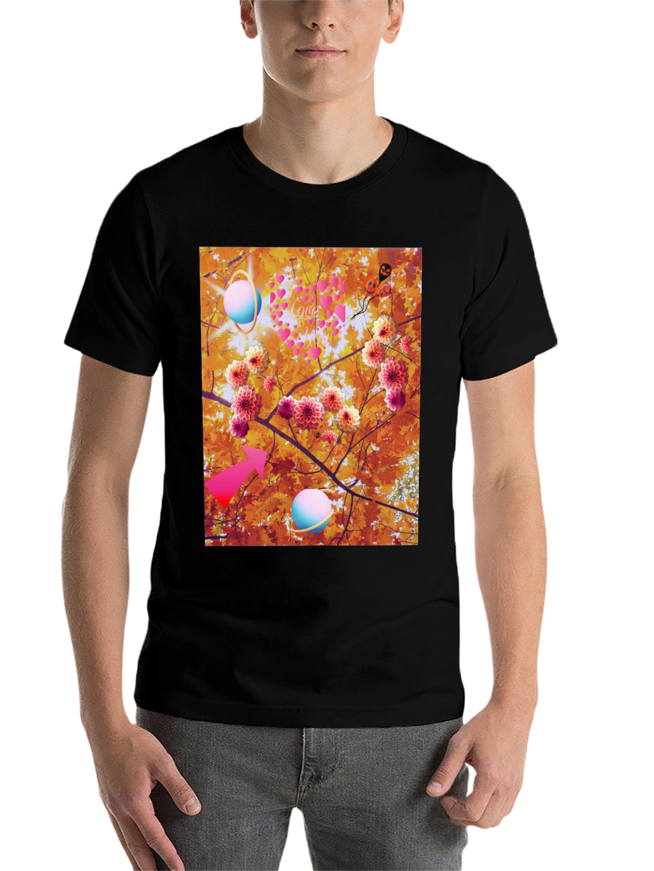 Black Artistic Graphic Tee: Floral Galaxy Love view 7