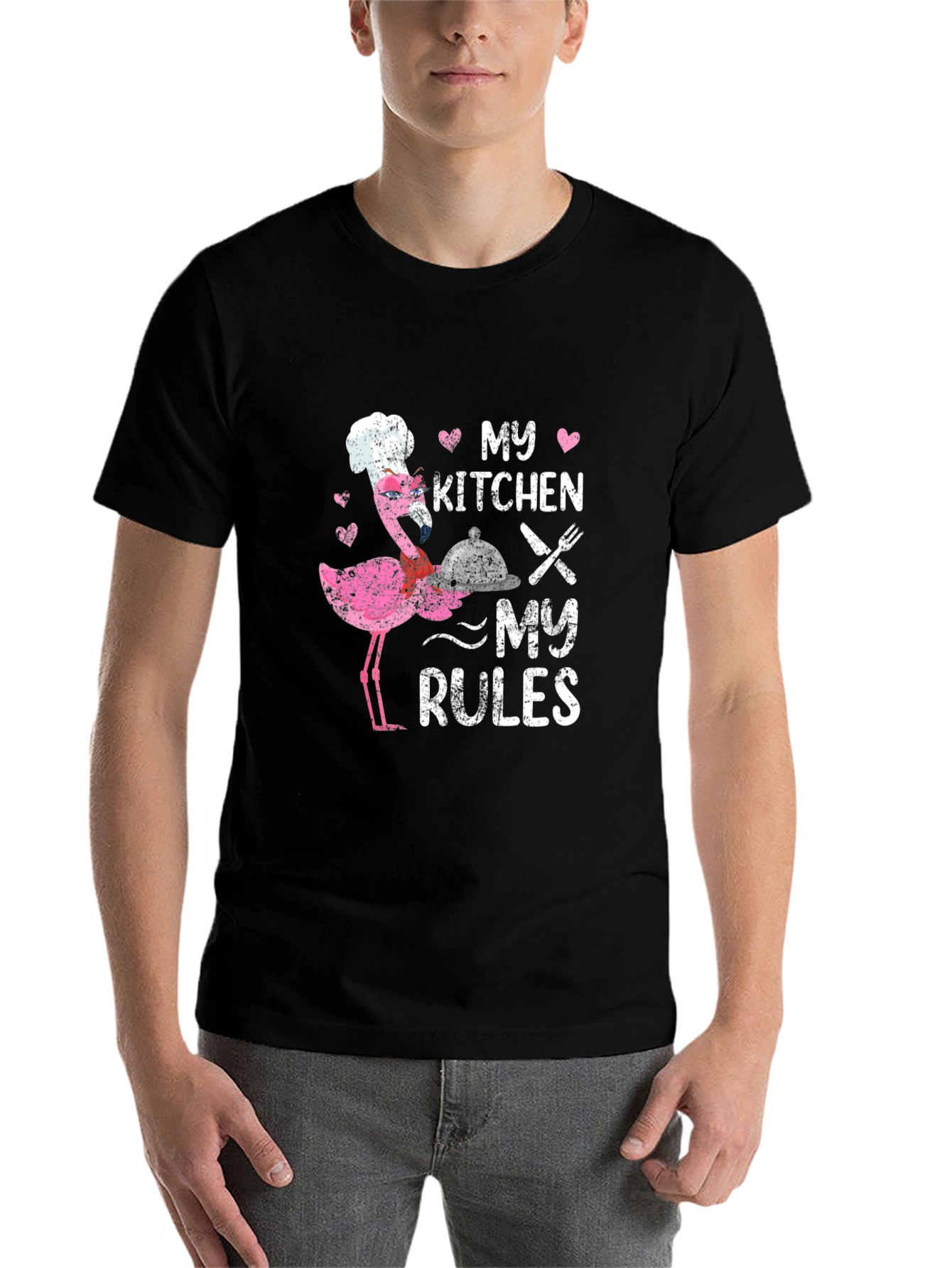 Black My Kitchen My Rules Flamingo Chef T-Shirt view 7