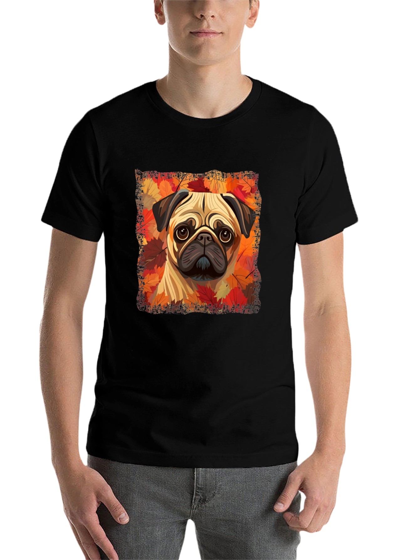 Black Pug in Autumn Leaves Graphic T-Shirt view 7