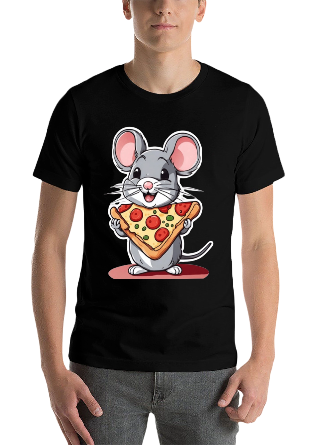 Black Cartoon Mouse Pizza Graphic Tee view 7