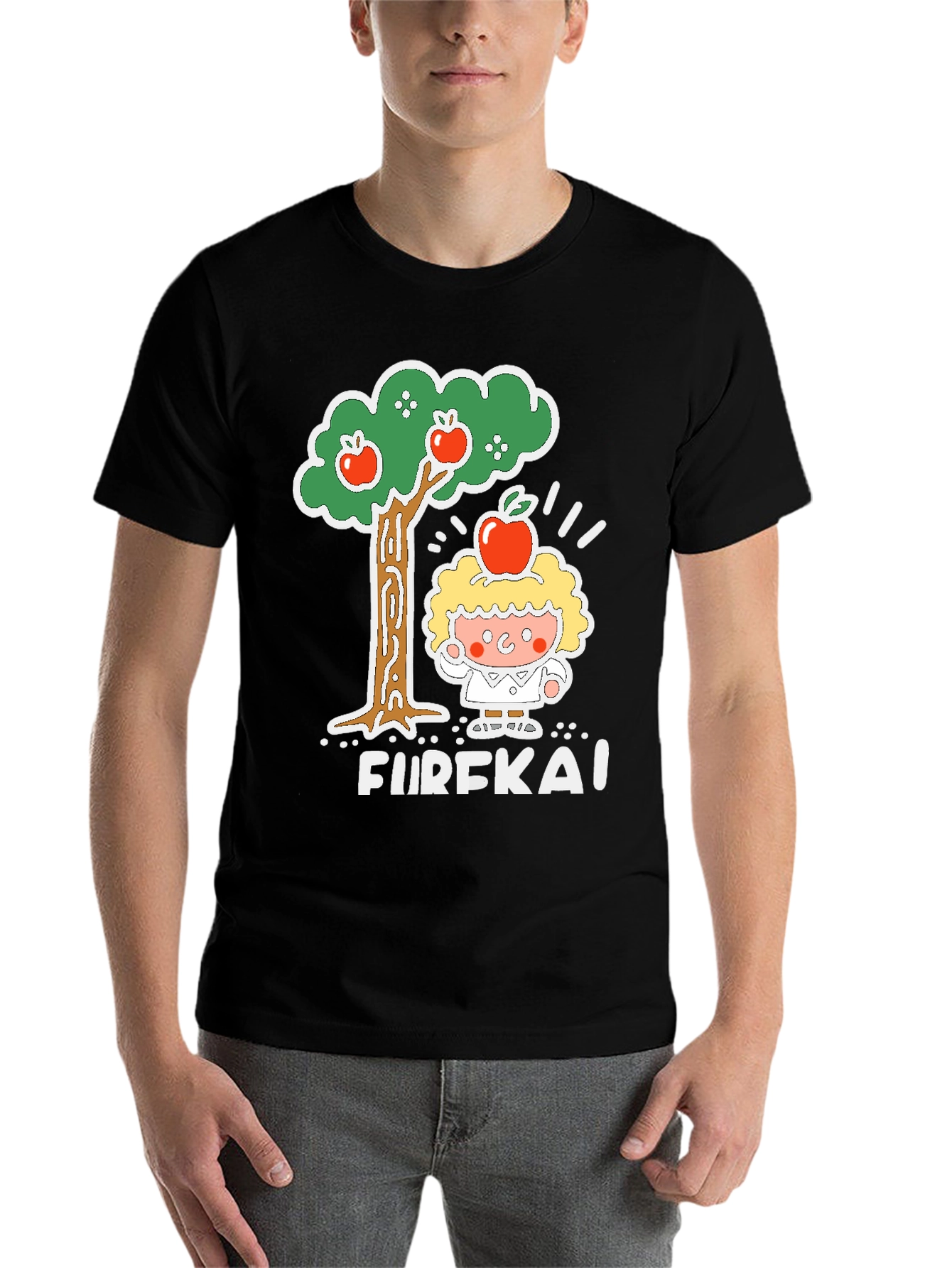 Black Eureka Apple Cartoon Graphic Black T-Shirt view 7