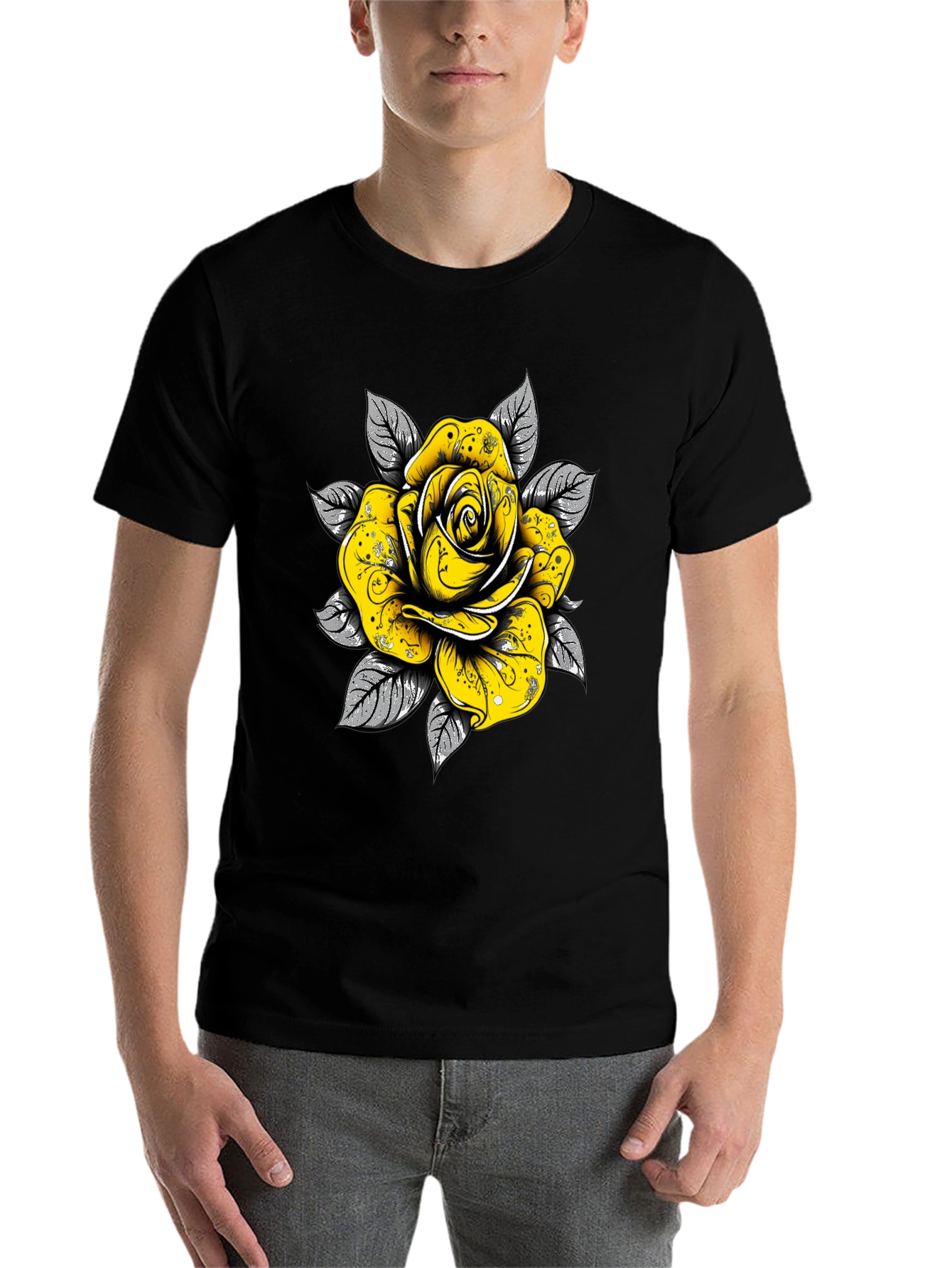 Black Rose Graphic Tee - Sleek Black Cotton T-Shirt view 7