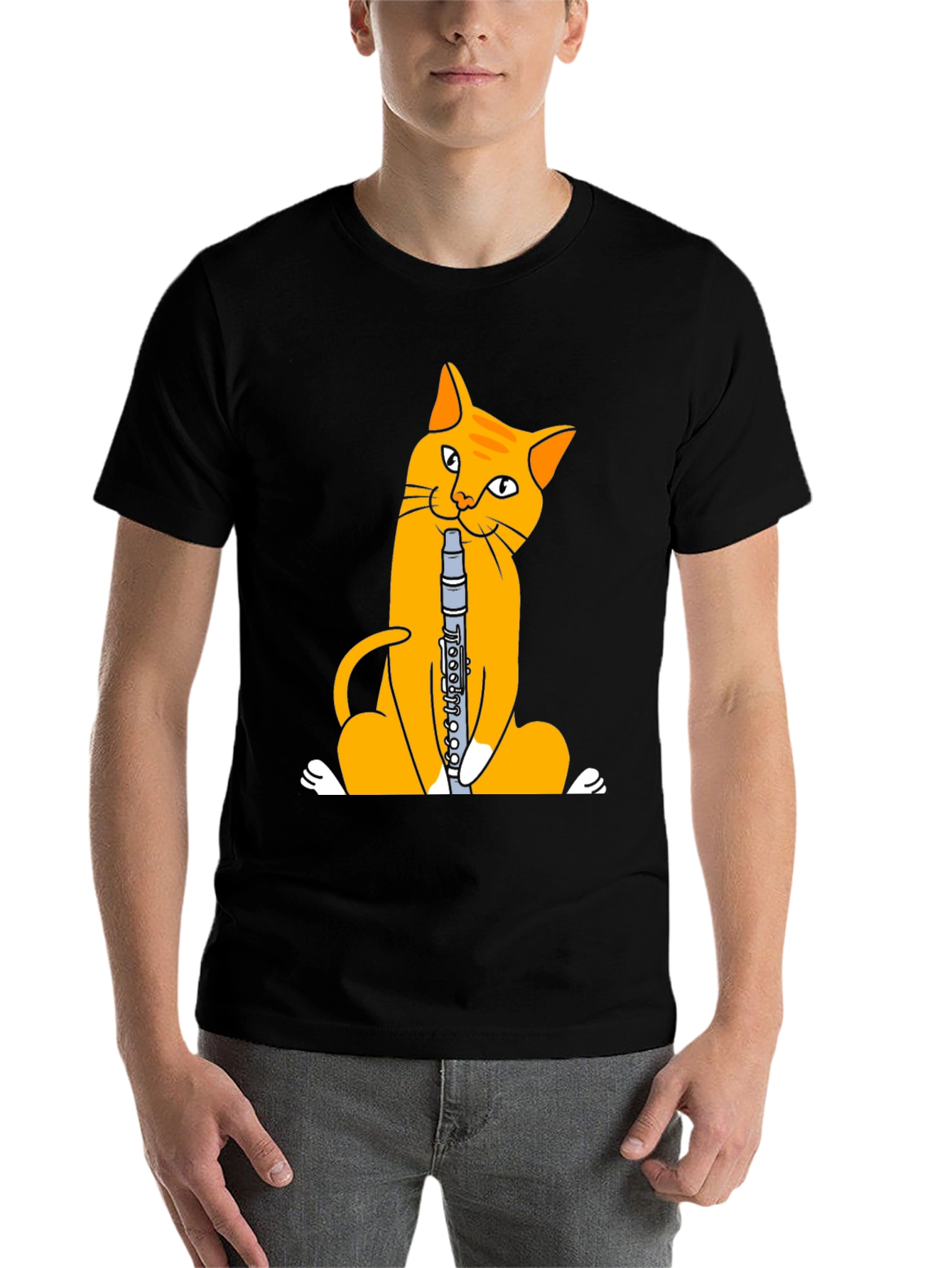 Black Cat Playing Clarinet T-Shirt - Black Cotton Tee view 7