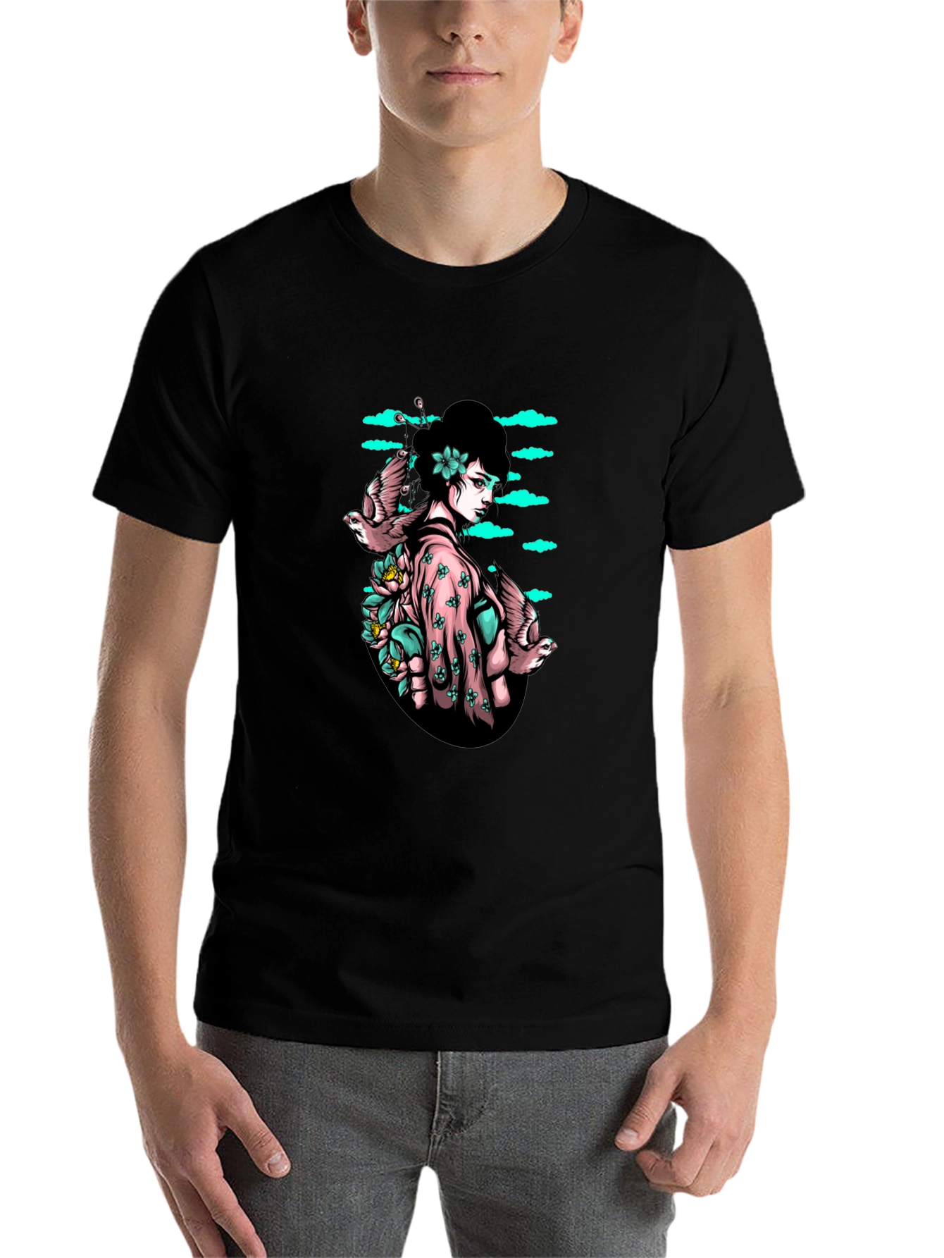 Black Geisha & Birds Graphic Tee - Unique Black T-Shirt view 7