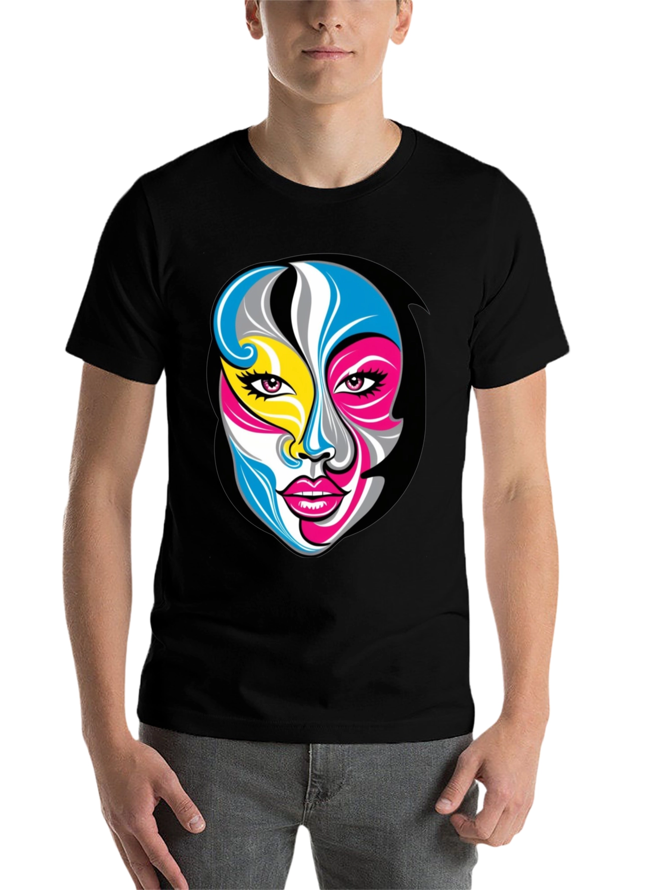 Black Abstract Face Graphic Tee - Unisex Black T-Shirt view 7